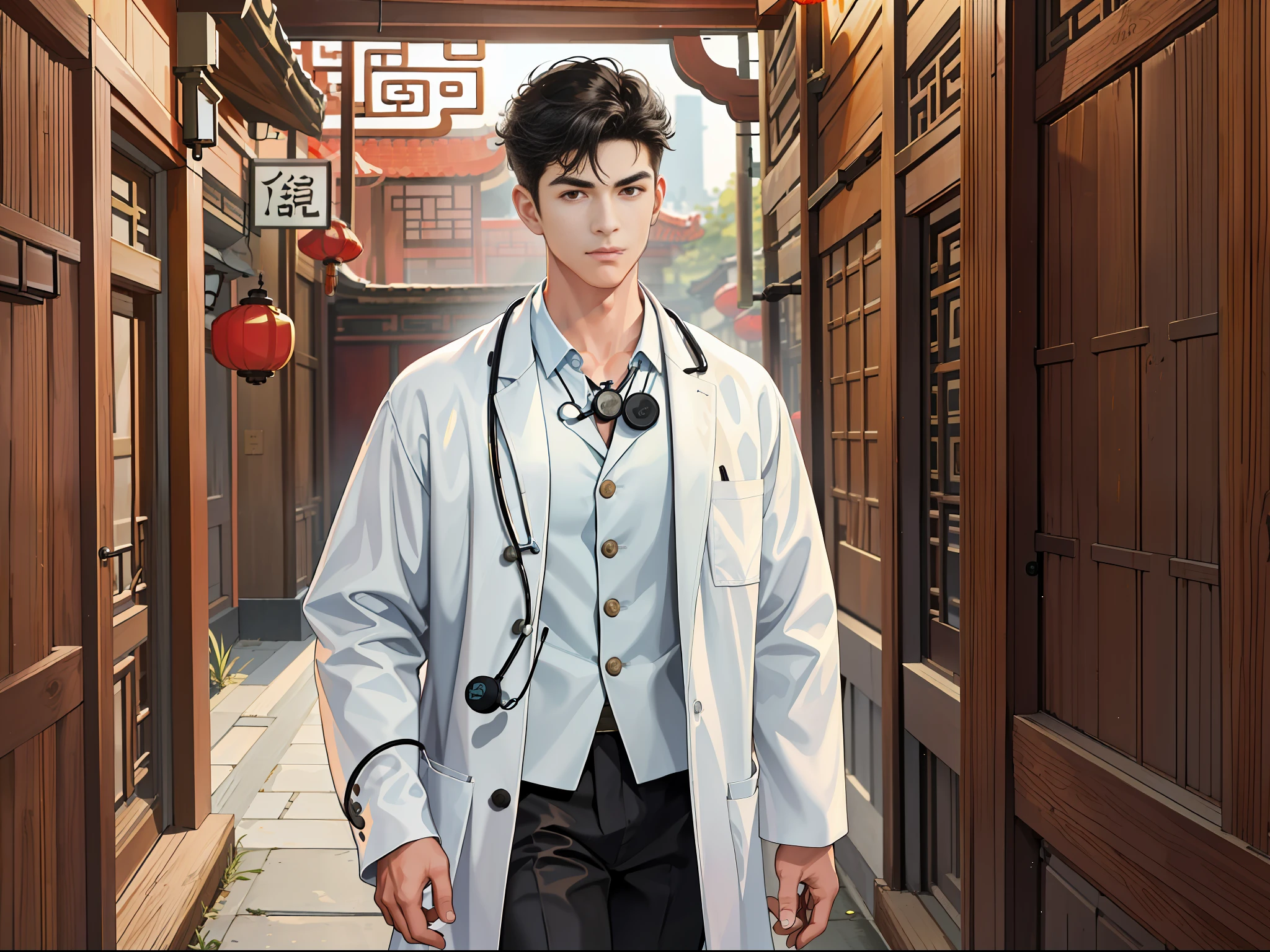 (ridiculous, high resolution, super detailed, realistic,), 1 male, soloist, 20 years old, walking on a lively street, ancient Chinese style, stethoscope around his neck, tired, tall, extremely short hair, black hair, brown eyes, thick eyebrows, vintage wooden door, doctor, white robe, white coat, room, ancient Chinese decoration style building