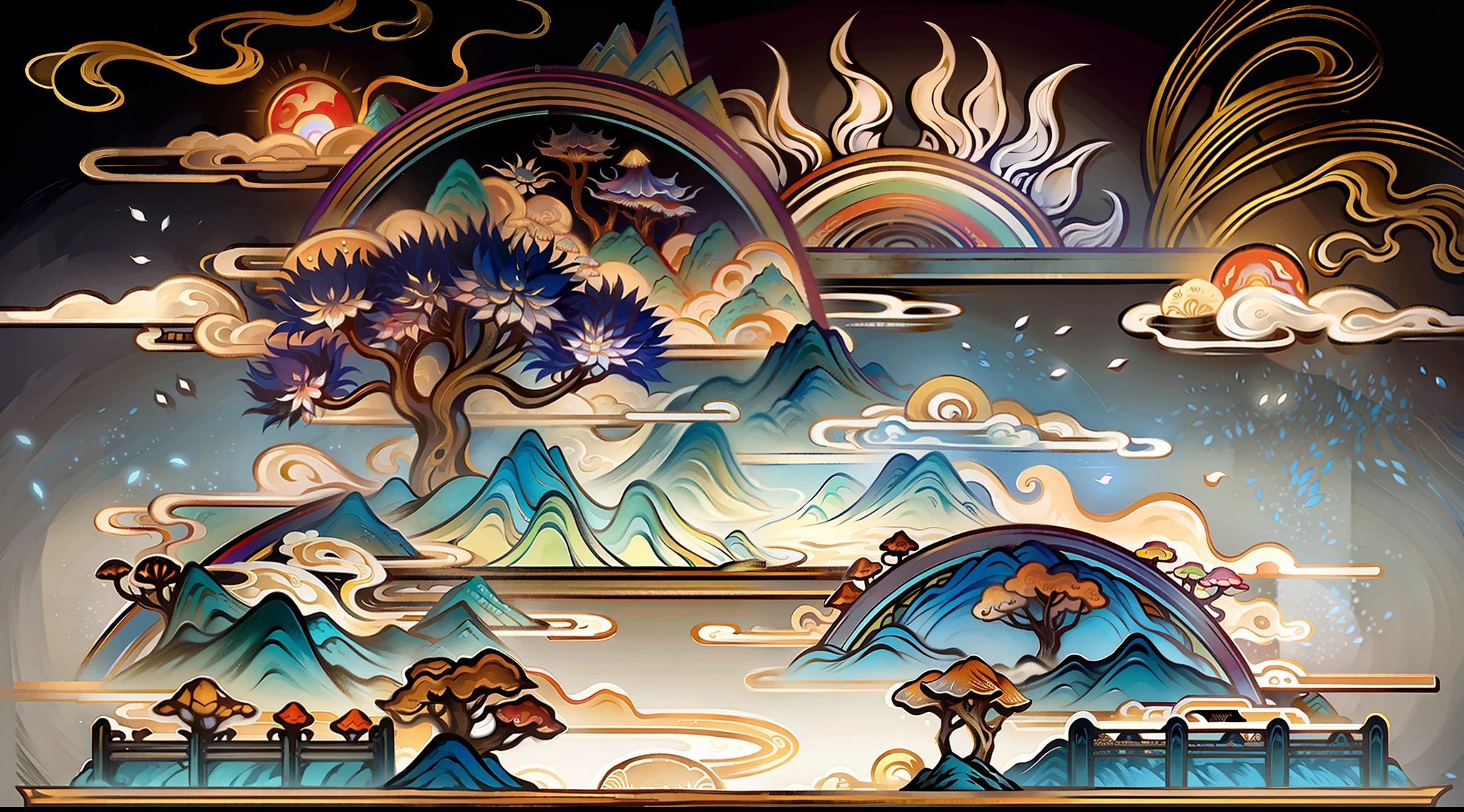 An ancient Chinese painting, ancient Chinese background, mountains, rivers, auspicious clouds, pavilions, sunshine,(psychedelic details),(mushrooms),(rainbow),(trippy),(DMT),intricate details, more details, high details,masterpieces, super detail, epic composition, ultra HD, high quality, extremely detailed, official art, unified 8k wallpaper, Super detail, 32k -- v 6