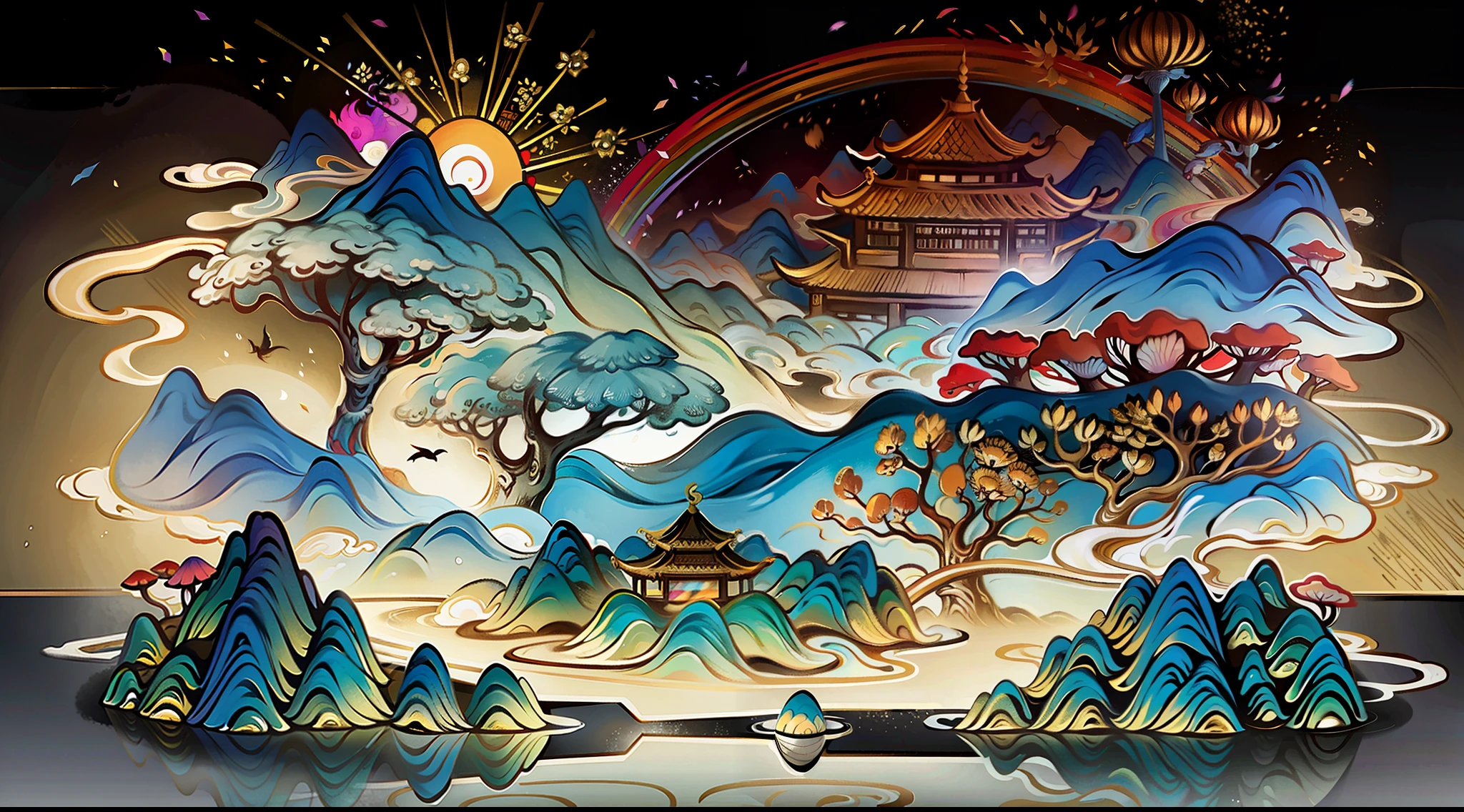 An ancient Chinese painting, ancient Chinese background, mountains, rivers, auspicious clouds, pavilions, sunshine,(psychedelic details),(mushrooms),(rainbow),(trippy),(DMT),intricate details, more details, high details,masterpieces, super detail, epic composition, ultra HD, high quality, extremely detailed, official art, unified 8k wallpaper, Super detail, 32k -- v 6