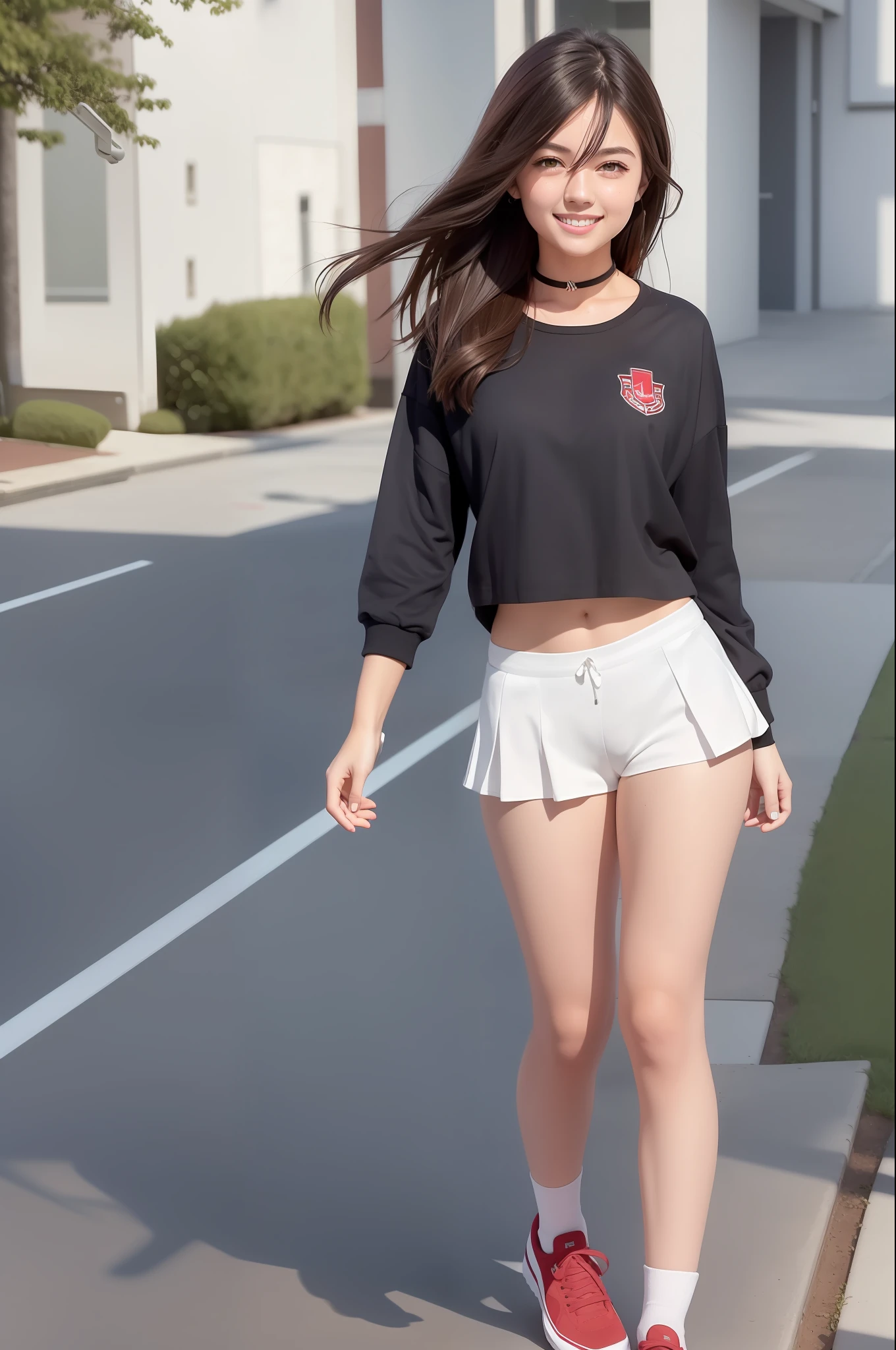 (RAW photo: 1.2), (photorealistic: 1.4), (masterpiece: 1.3), (best quality: 1.4), ultra high resolution,
HDR, 8K resolution,
oneiric
check comment, request for comments, scenario, ((no text)),
individual focus, (full body),
(detailed eyes), (detailed facial features), (detailed features of clothing),
tight skin, (shiny skin),
(1 girl, alone), happy, smiles, wavy hair, brown hair, brown eyes, black choker,
college student, schoolgirl, white high school sportswear, red sports shorts, sneakers,