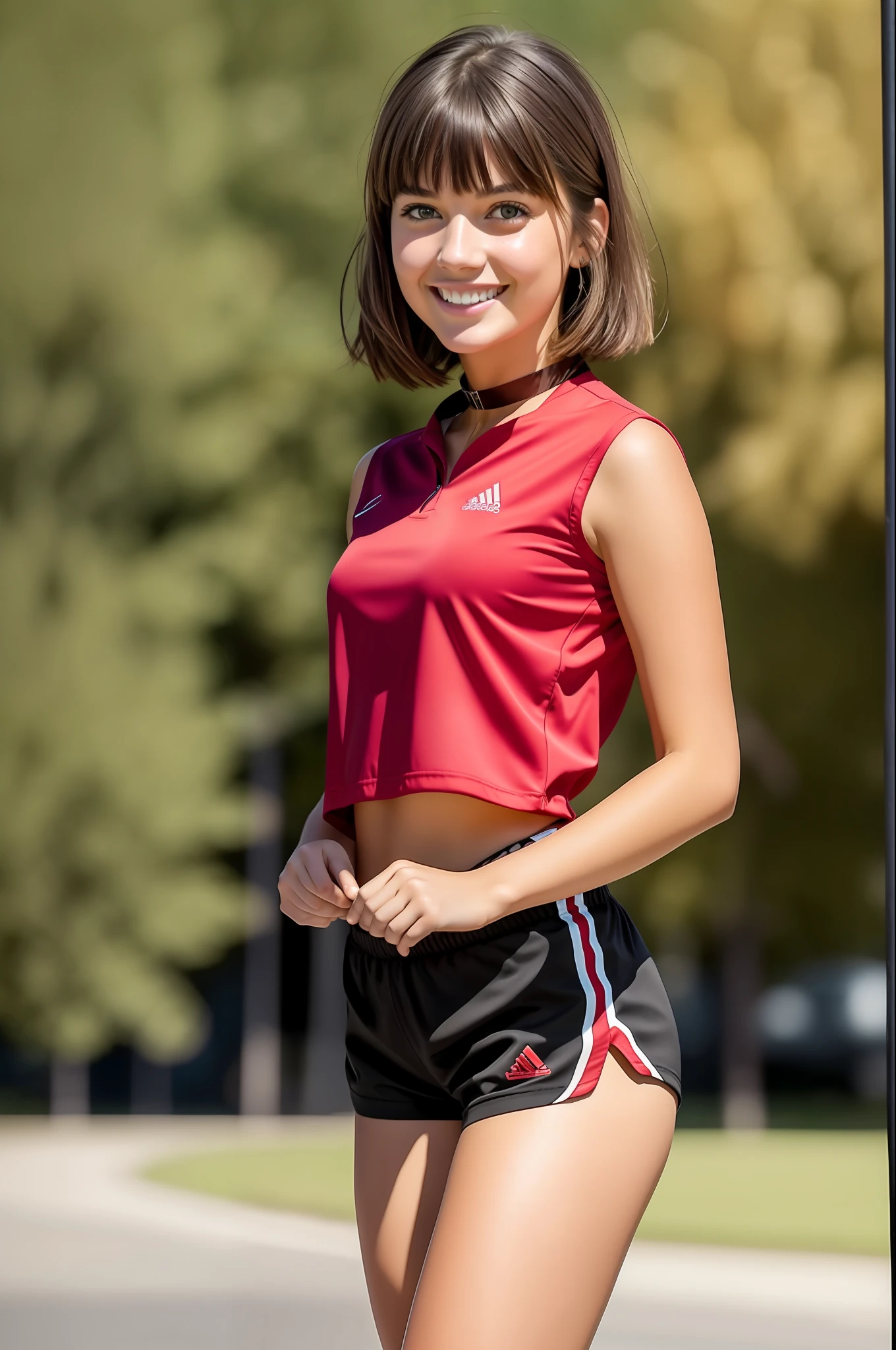 (RAW photo: 1.2), (photorealistic: 1.4), (masterpiece: 1.3), (best quality: 1.4), ultra high resolution,
HDR, 8K resolution, 
oneiric
check comment, request for comments, scenario, ((no text)),
individual focus, (full body),
(detailed eyes), (detailed facial features), (detailed features of clothing),
tight skin, (shiny skin)
(1 girl, alone), happy, smiles, bangs, wavy hair, brown hair, brown eyes, black choker,
college student, schoolgirl, red sports shorts, sneakers,