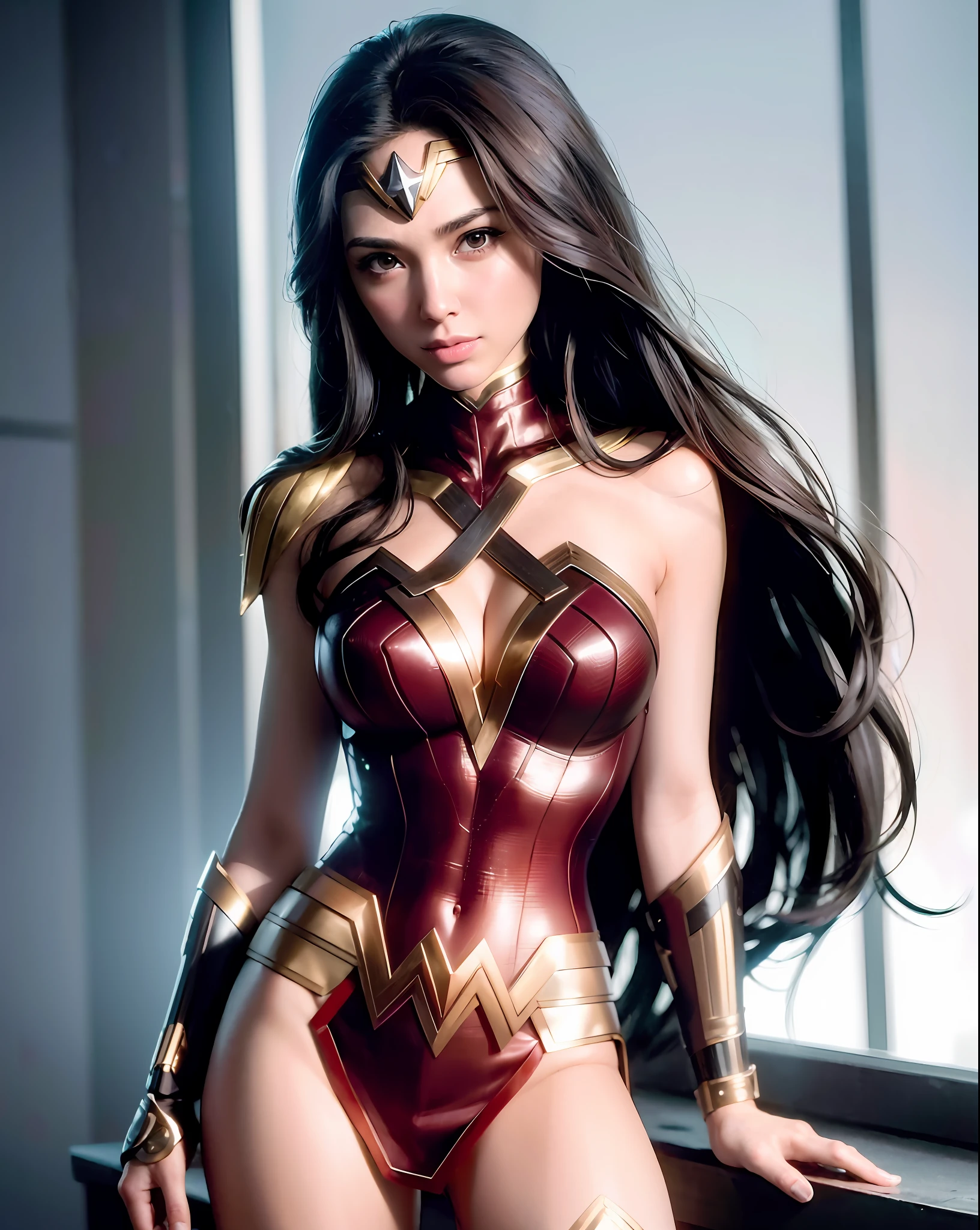 Gal Gadot Beautiful woman long hair, cybernetic wonder woman costume, big breasts looking for camera, cyberpunk masterpiece detailed HD, cinematic style.