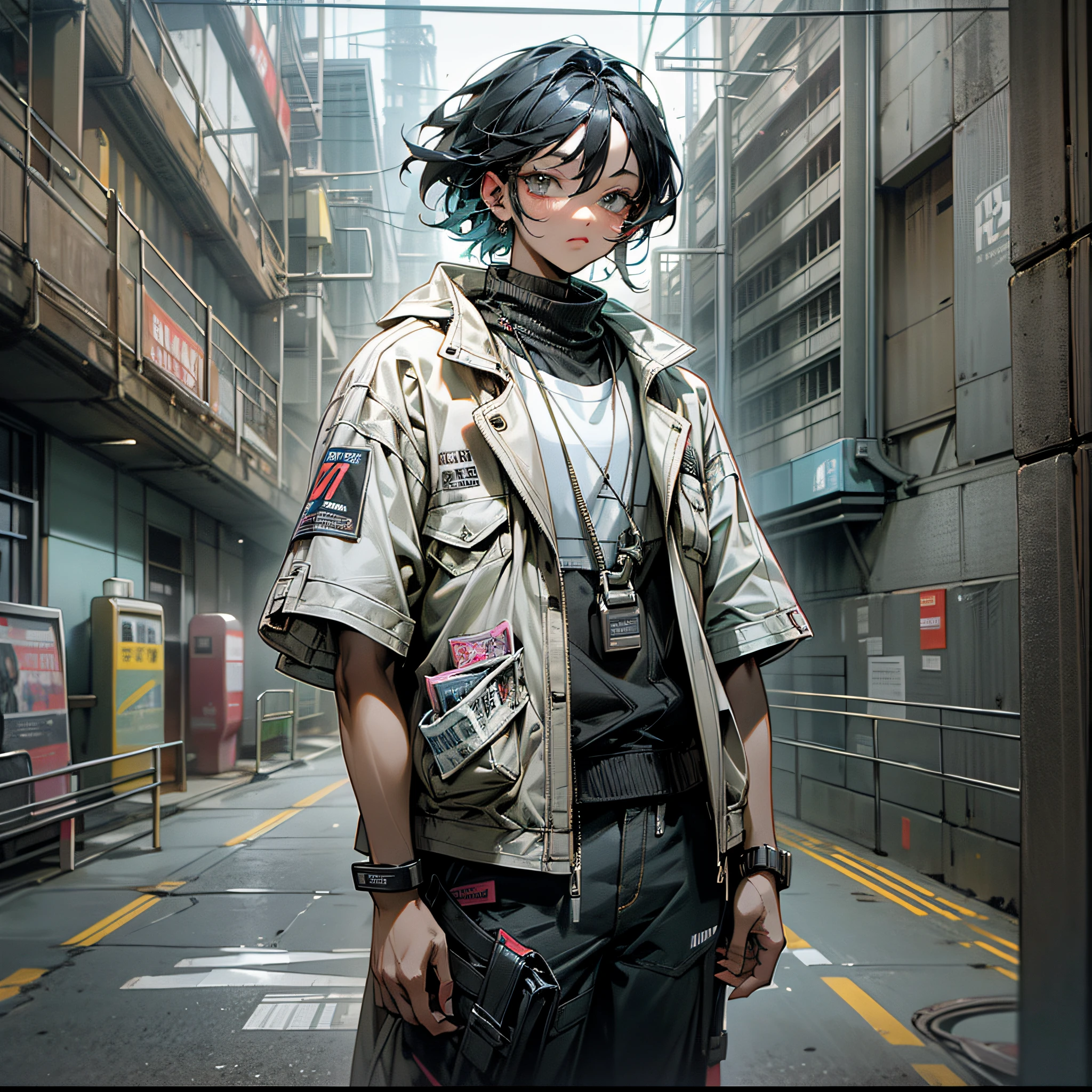 A man standing in front of a wall covered with newspaper, short sleeves, newspaper style, cropped shirt with jacket, multi-layered clothing, soft cyberpunk style, white fashion clothes, y 2 k aesthetics, y2k aesthetics, clothes from the future, 1 9 9 0 style clothes, he wears streetwear, predominantly white tones, best picture quality, masterpiece, super high resolution, (fidelity: 1.4), photo, real person --auto --s2
