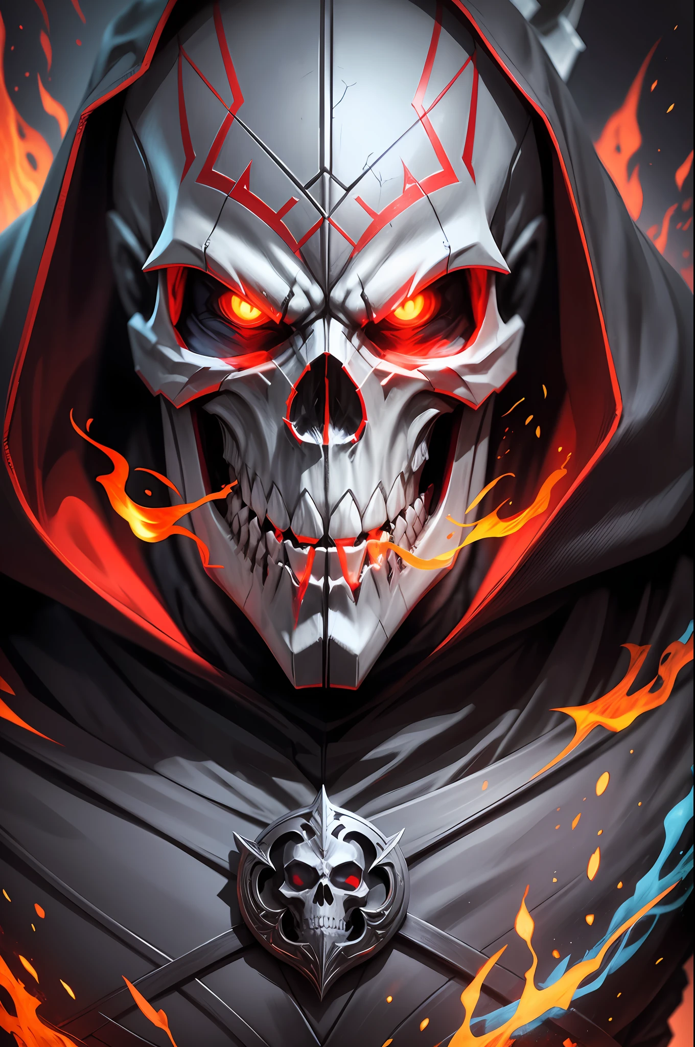 A man villain, intricate details, strong body, skull head, red eyes, wearing hood, colors, realistic, centered image, burning background, FHD --auto --s2