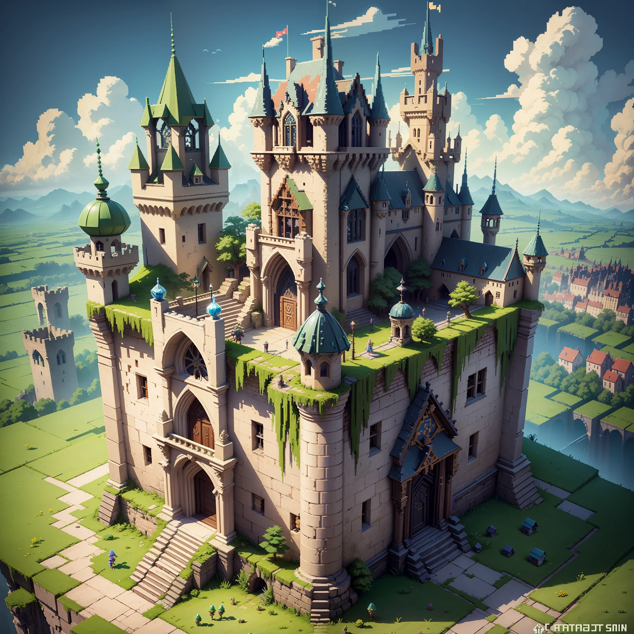 8bit, pixel art, isometric, topdown fantasy, City of Dresden, RPG, high fantasy, artstation, concept art, abandoned castle, moss, final fantasy, legend of zelda, 8bit video game art, pixel artistry --auto --s2