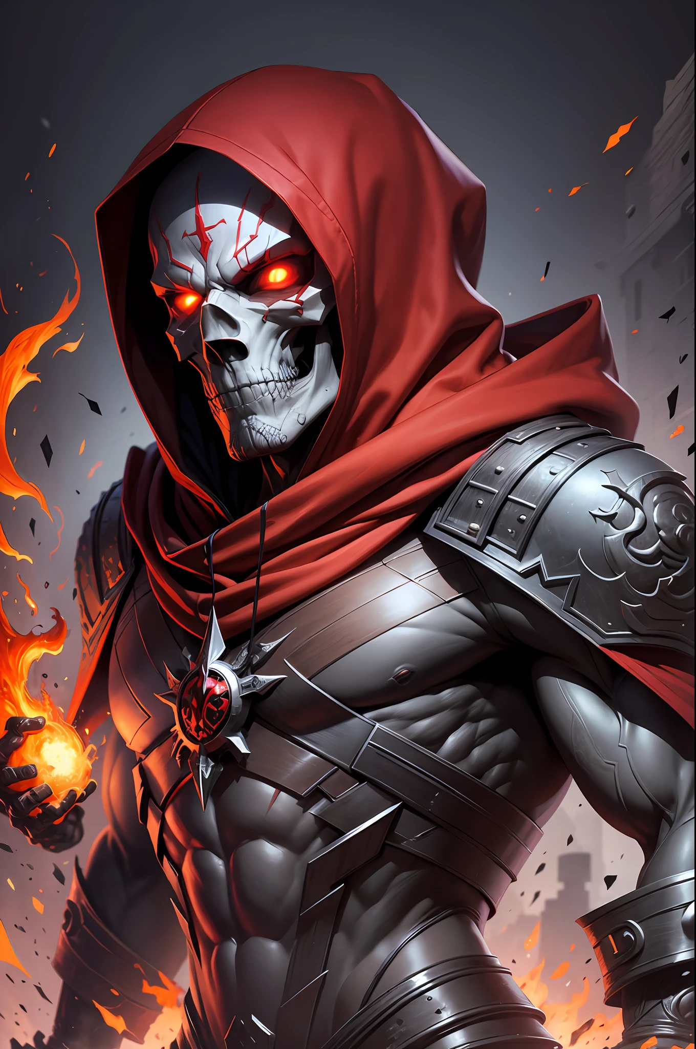 A man villain, intricate details, strong body, skull head, red eyes, wearing hood, colors, realistic, centered image, burning background, FHD --auto --s2
