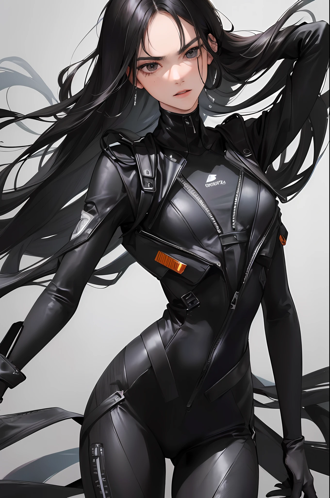 (higher resolution, distinct image) Best quality, masterpiece, highly detailed, semi-realistic, long black hair, black hair, hair split in half, 18 years, young, skinny young man, tight black suit, black flight suit, spaceship background, cold, serious, black eyes, slightly tanned skin, authoritative, powerful, exquisite facial features, exquisite facial features
