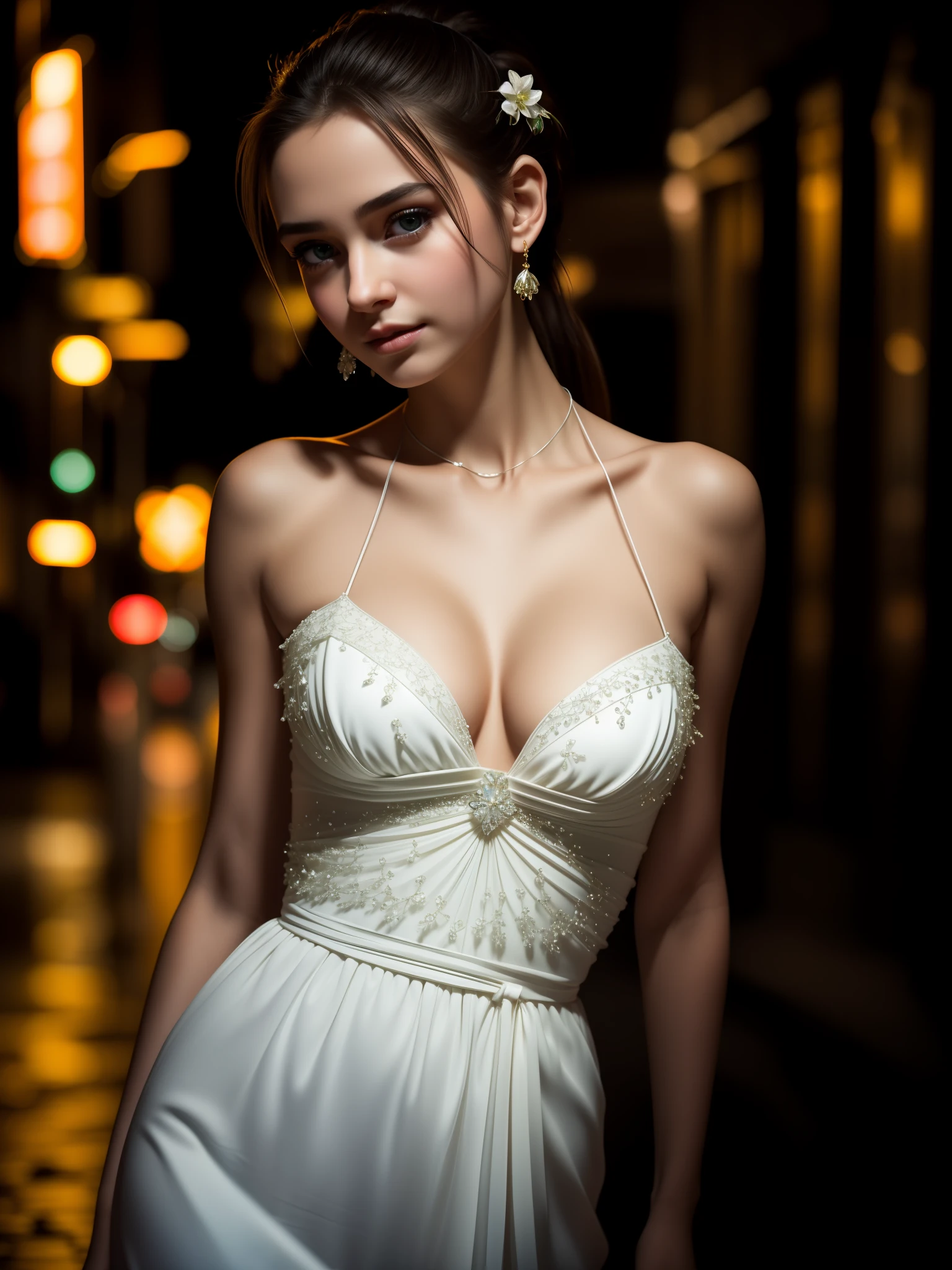 (standing in a dark street),(road light),(low-key lighting),(night),Random posture, (An extremely delicate and beautiful work), (masterpiece), 1girl, a girl in a white dress, highly detailed, waist leaking, ponytail contorted, charming expression, beautiful and clear eyes, green eye pupil, delicate necklace, delicate earrings, fairy ears, simple blurred background, extreme detail description, beautiful, charming, ultra-fine painting, delicate face, delicate figure, Fine collarbones, lovely lips, beautiful breasts, soft behind, mix4,(8k, RAW photo, best quality, masterpiece:1.2), (realistic, photo-realistic:1.37),1girl,cute,cityscape, night, rain, wet, professional lighting, photon mapping, radiosity, physically-based rendering,