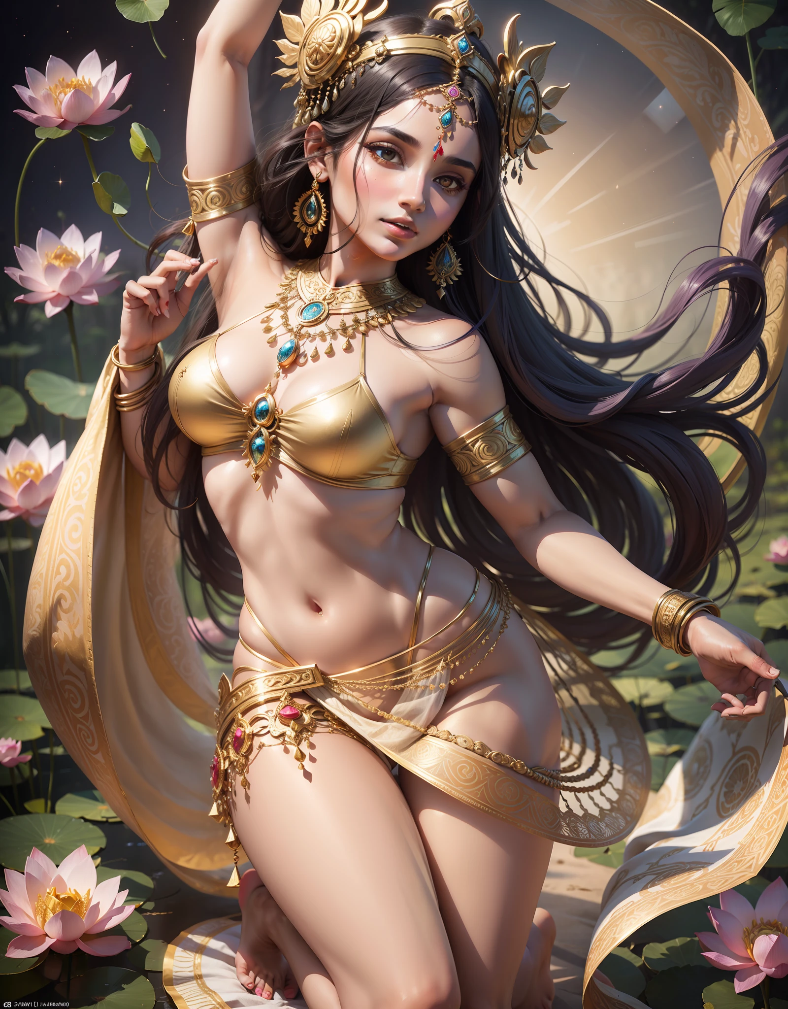 An Indian fairy dancing with a pipa, slanted shoulder shawl, showing the whole body, dancing barefoot, stepping on lotus flowers, the color is real and natural, the skin is lustrous and vivid, the background is a fantasy wonderland, there is round light, shine. Hindu gods, Hindu gods, extremely detailed footage of goddesses, goddesses. Extremely high detail, attractive goddess, goddess of love and peace, goddess of Indian wealth, goddess of dance, goddess of beauty, 3D goddess portrait, amazing portrait of goddess, portrait of beautiful goddess --auto --s2
