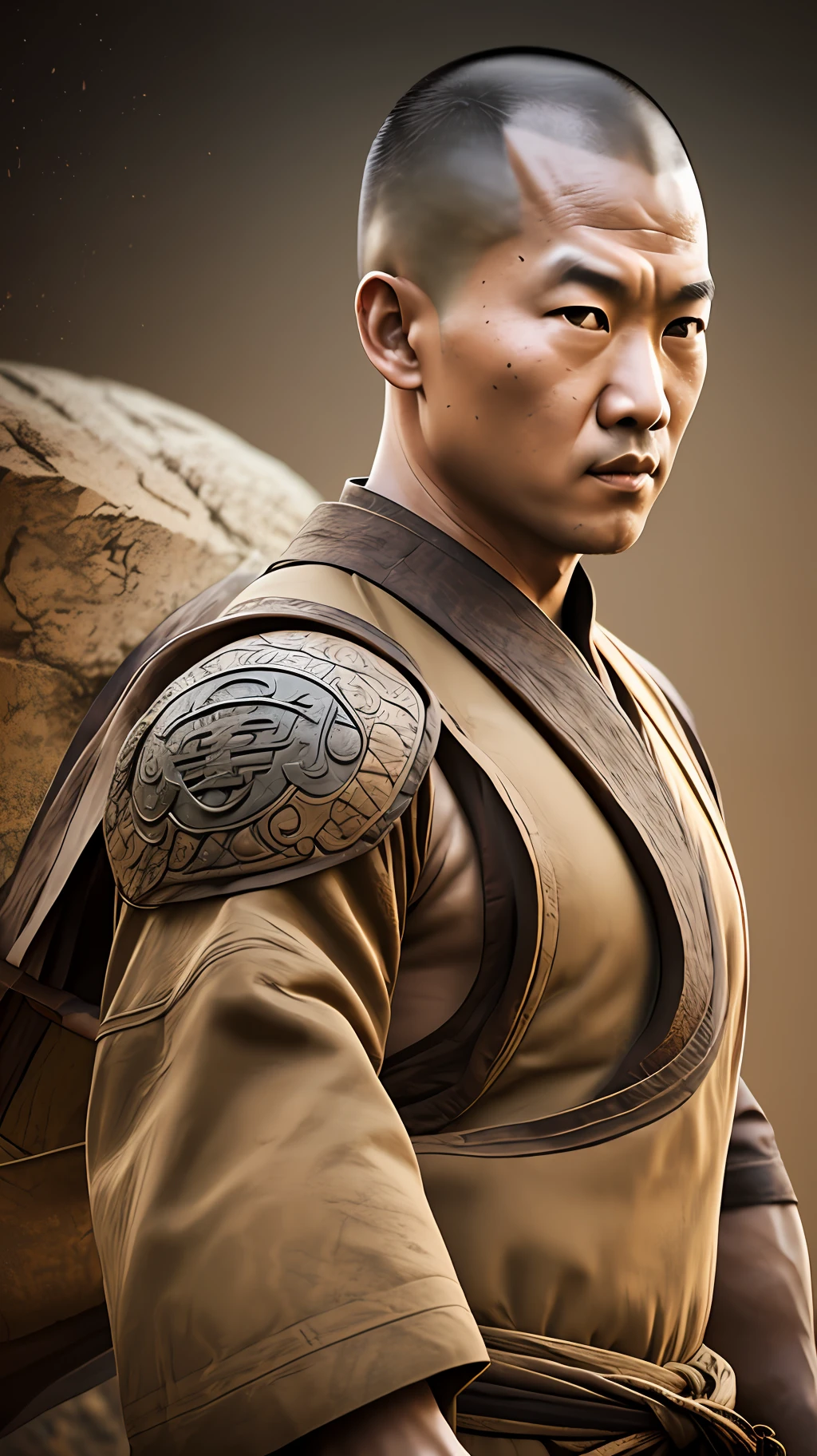 shaolin monk, Realistic, Depth of field, Physically based rendering, Rendered in Cinema4D, cinematic background, Vintage photo, Portrait photograph, Extremely detailed, Perfect composition, (((Earthy and natural color palette))) --auto --s2