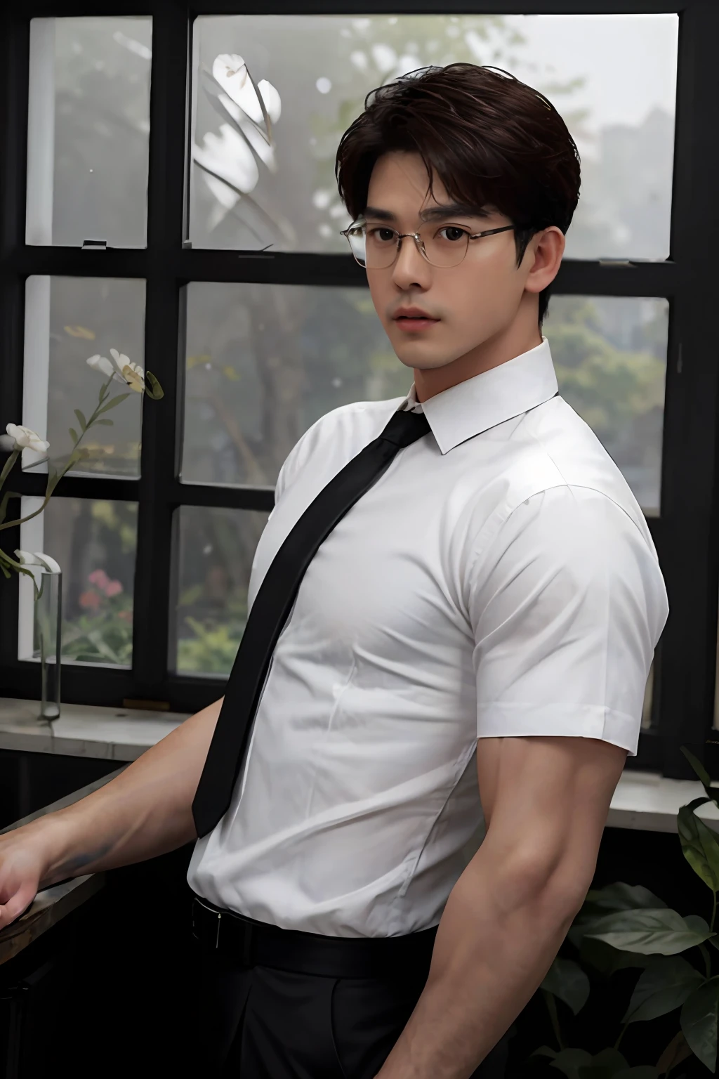 masterpiece, ONYX11, A 28-year-old mature male with strong muscles, Look at me, Line of sight focusing, Stand, Wearing a white short-sleeved shirt, Black tie, Breast flower, Brown hair, Indoor, Outside the window is the garden., Rimless glasses, textured skin, super detail, best quality, 8k