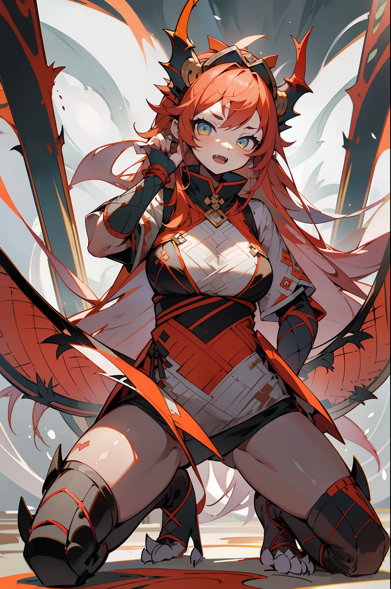 master-piece,hyper quality, hyper detailed,perfect drawing,1 beautiful girl, dragon scale pattern bikini armor, dragon ears, dragon tail, dragon horn, dragon paw, dragon fingers, dragon mane, hunter's eye aiming for prey, red hair white mesh hair, Sanpaku eyes, sharp claws, sharp fangs, height 190cm, three sizes B100W60H90, glaring, kneeling、pow pause