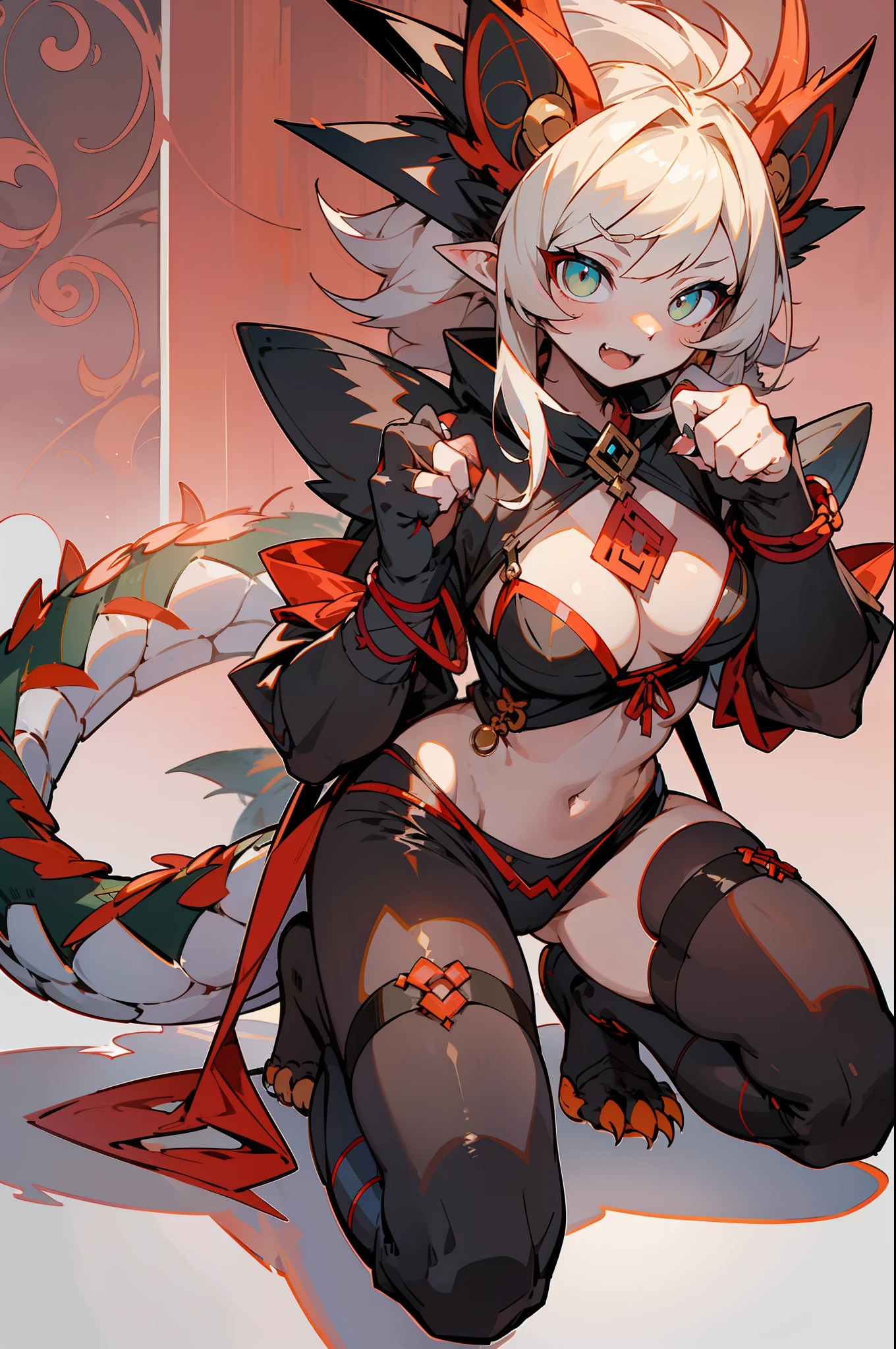 master-piece,hyper quality, hyper detailed,perfect drawing,1 beautiful girl, dragon scale pattern bikini armor, dragon ears, dragon tail, dragon horn, dragon paw, dragon fingers, dragon mane, hunter's eye aiming for prey, red hair white mesh hair, Sanpaku eyes, sharp claws, sharp fangs, height 190cm, three sizes B100W60H90, glaring, kneeling、pow pause