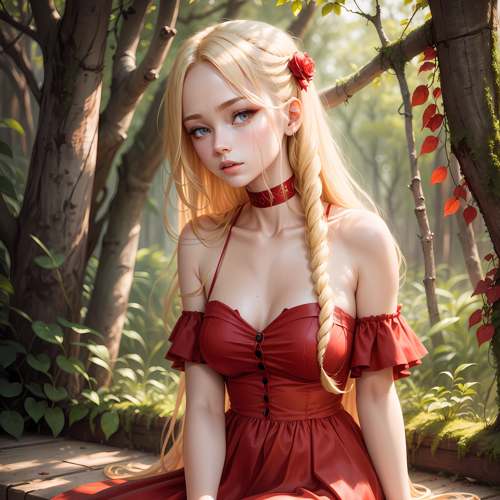 blonde, long hair, one girl with red eyes, red dress, sitting, pretty, beauty