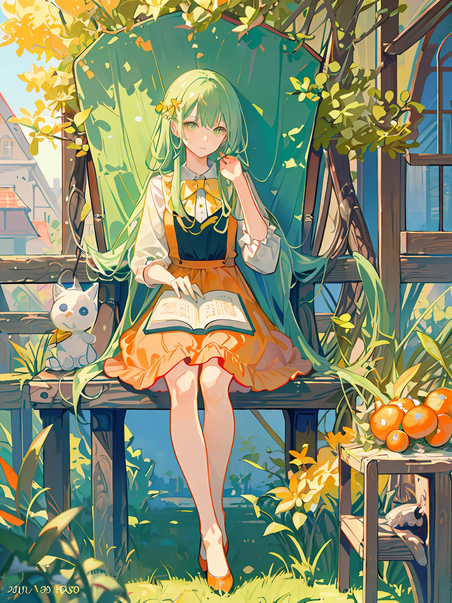 HD4k,masterpiece,best quality),arafed woman sitting in a chair reading a book in a yellow and warm green garden,detailed cream dress,lolita dress, reading under a tree, reading the book about love, sitting under a tree(stromboli color and yellow tree),put on red shoes, summer afternoon, reading a book(orange color), lofi girl aesthetic, cottagecore, magazine photo, reading new book, village girl reading a book,warm effect