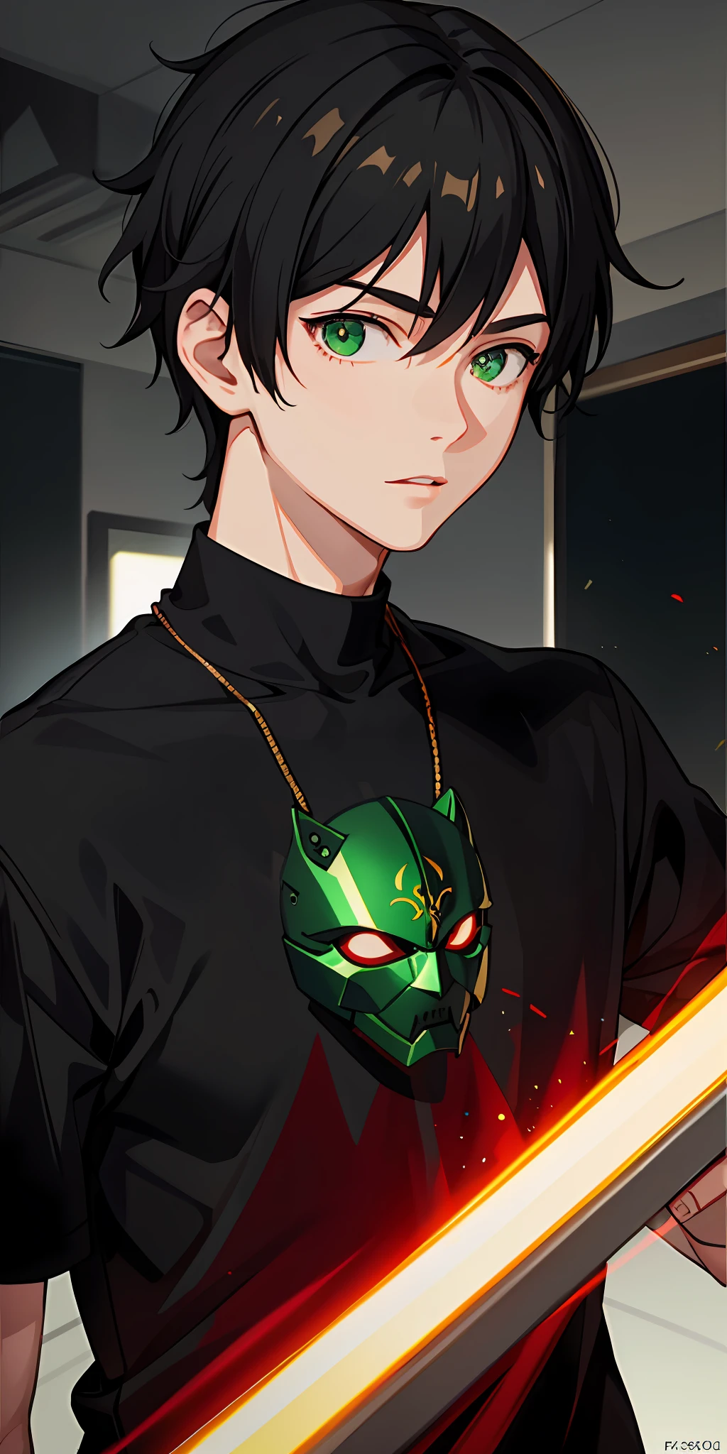 1boy, black hair, green eyes, mask on head, T-shirt over a red shirt, side light, light particles, wallpaper,