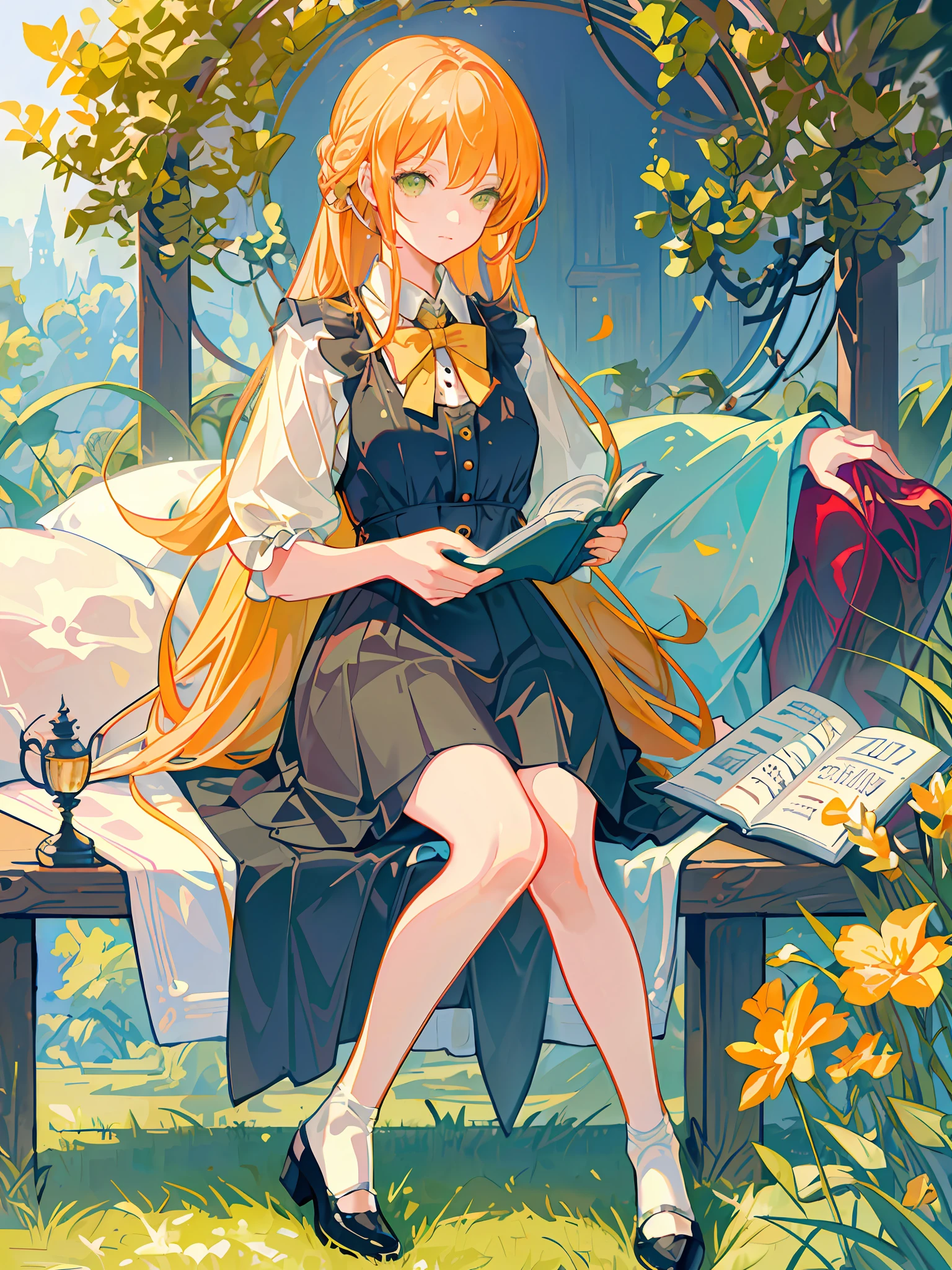 HD4k,masterpiece,best quality),arafed woman sitting in a chair reading a book in a yellow and warm green garden,detailed cream dress,lolita dress, reading under a tree, reading the book about love, sitting under a tree(stromboli color and yellow tree),put on red shoes, summer afternoon, reading a book(orange color), lofi girl aesthetic, cottagecore, magazine photo, reading new book, village girl reading a book,warm effect