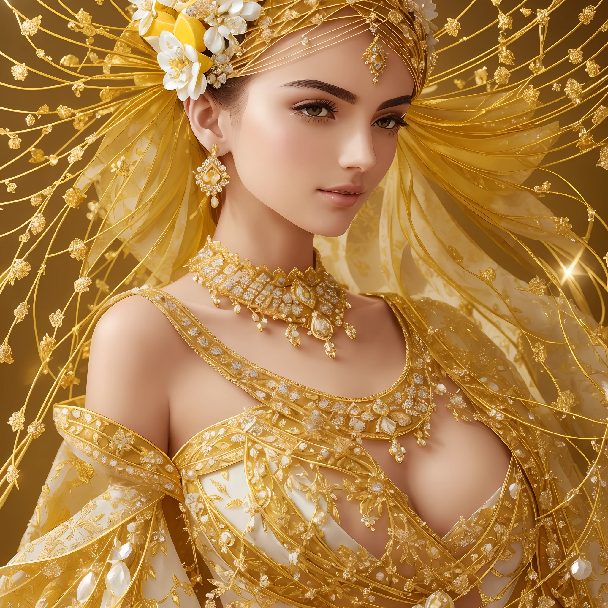 The highest quality lemon brooch, the brooch is made of gold and covered with lemon-colored ornaments, and the light surrounds all corners of the brooch to create a highly realistic rendering, perfectly showing every detail of the brooch. Beautiful and elegant women wear it, with a large amount of gold and white light, forming an absolute feast for the eyes. --auto --s2