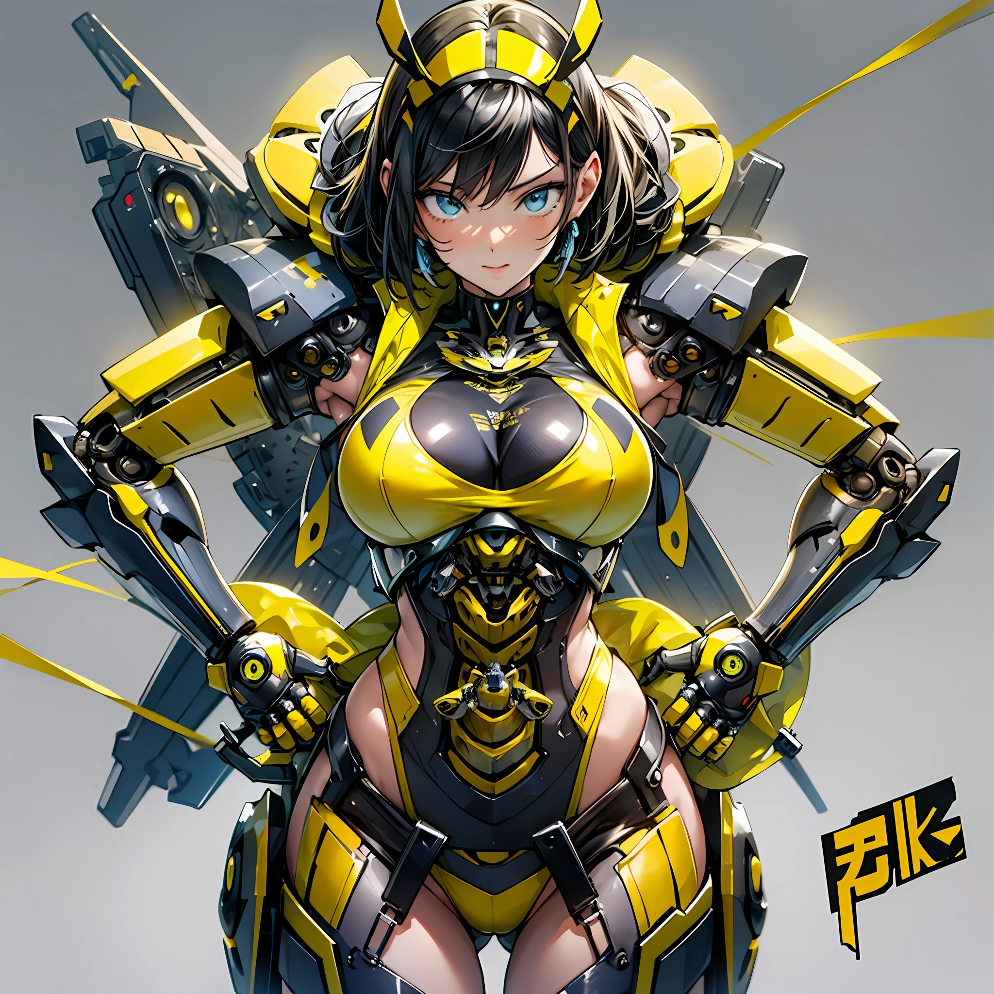 a close up of a woman in a yellow and black outfit, best anime 4k konachan wallpaper, cyberpunk bee, mechanized valkyrie girl, biomechanical oppai, human structure bee concept art, extremely detailed artgerm, based on bumblebee, cyborg wasp, anime style 4 k, oppai cyberpunk, insect trainer girl, bumblebee