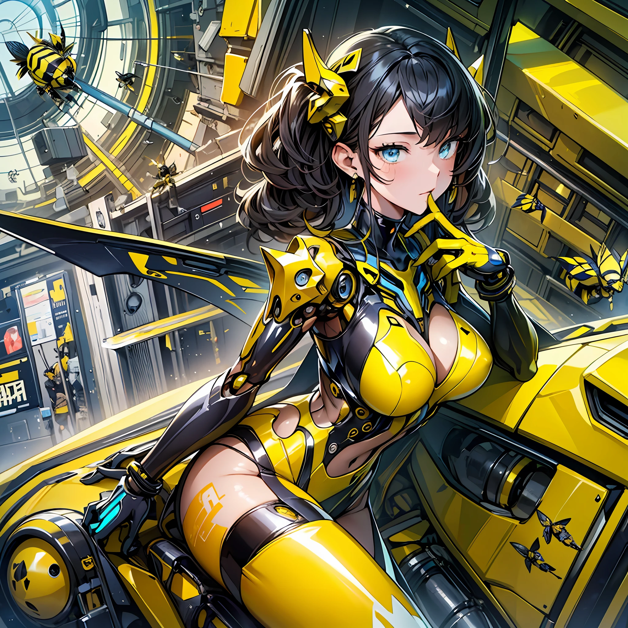 a close up of a woman in a yellow and black outfit, best anime 4k konachan wallpaper, cyberpunk bee, mechanized valkyrie girl, biomechanical oppai, human structure bee concept art, extremely detailed artgerm, based on bumblebee, cyborg wasp, anime style 4 k, oppai cyberpunk, insect trainer girl, bumblebee