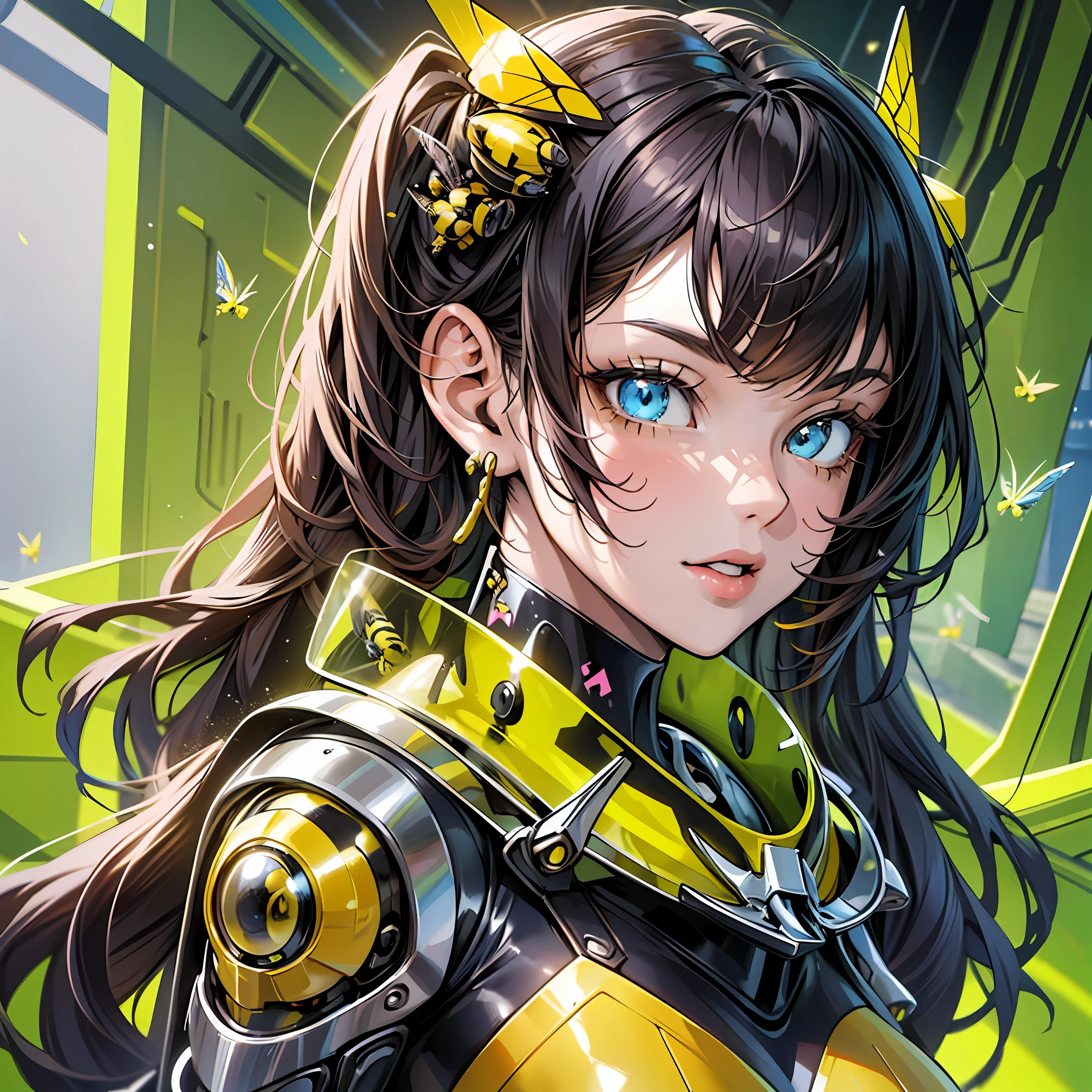 Close up portrait of woman in yellow and black costume, best anime 4K Conachan wallpaper, cyberpunk bee, mechanized Valkyrie girl, biomechanical, human structure bee concept art, highly detailed Artgerm based on bumblebee, anime style 4K, insect trainer girl, bumblebee