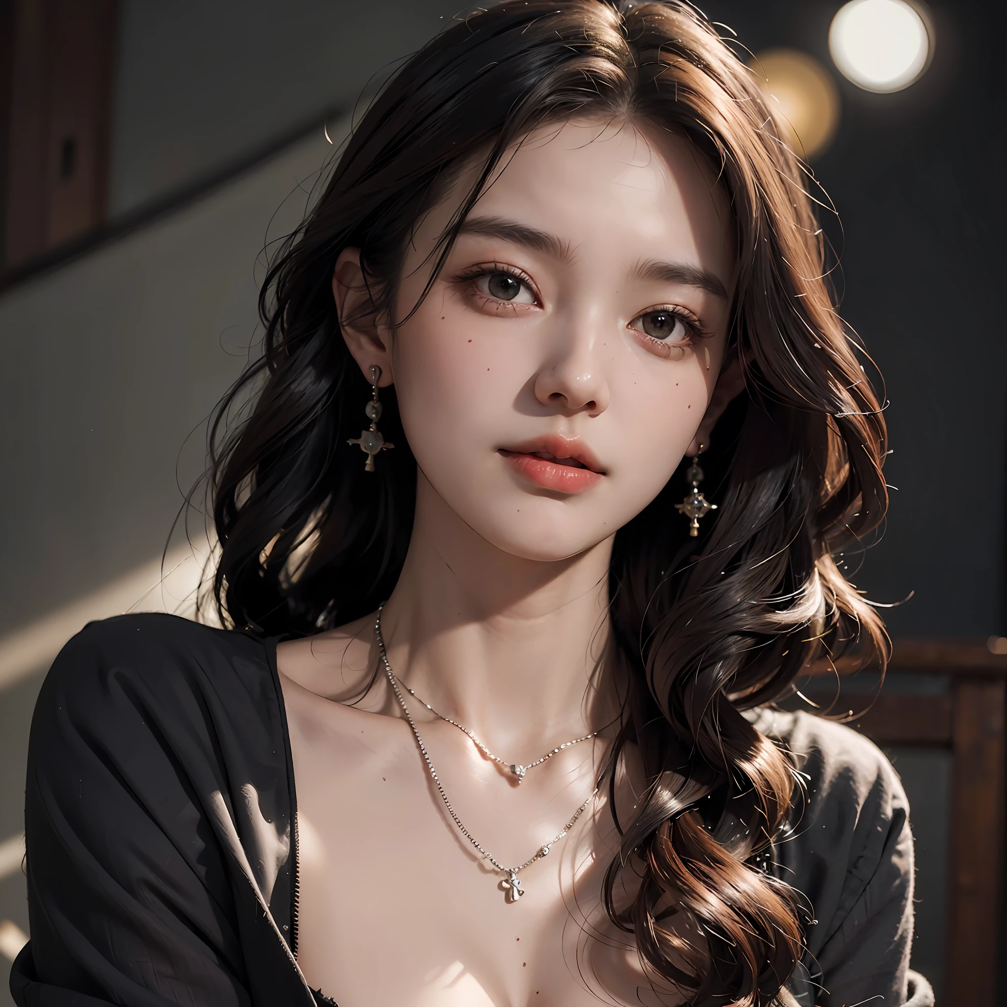 Wearing only one long shirt, (all buttons open: 1.1), big breasts, deep cleavage, best quality, masterpiece, illustration, very delicate and beautiful, very detailed, CG, unity, 8K wallpapers, amazing, fine detail, very detailed CG Unity 8K wallpapers, huge file size, very detailed, high resolution, handsome detail woman, very detailed eyes and face, wonderful detailed eyes, light on face, (Best Illustration: 1.1), (Best Shadow: 1.1), Ultra High Resolution, (Photoreal: 1.1), (Photo Realistic: 1.2:1.1), Realistic Face Proportions, Slender, Smile, (Makeup: 0.4), (Fluffy Black Eyes: 1.21), Black Eyes, Looking at the Viewer, Dark Brown Hair, Earrings, Necklaces, Hairpins, Cowboy Shots, (Irregular Irregular Skin Imperfections, Veins, Skin Wrinkles Pores: 1.2), (Dark Night Background: 1.2), (Bokeh: 1.4),