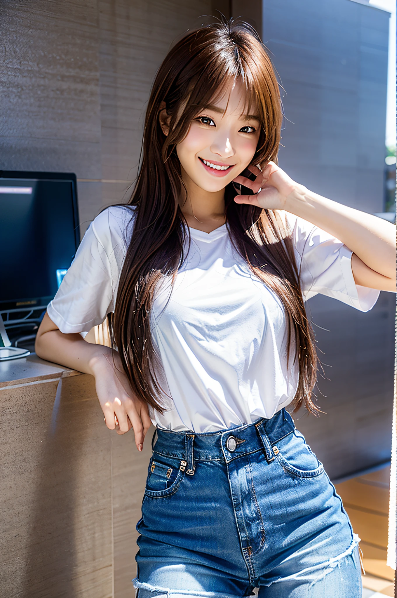 Smiling, white shirt, blue jeans, campus
