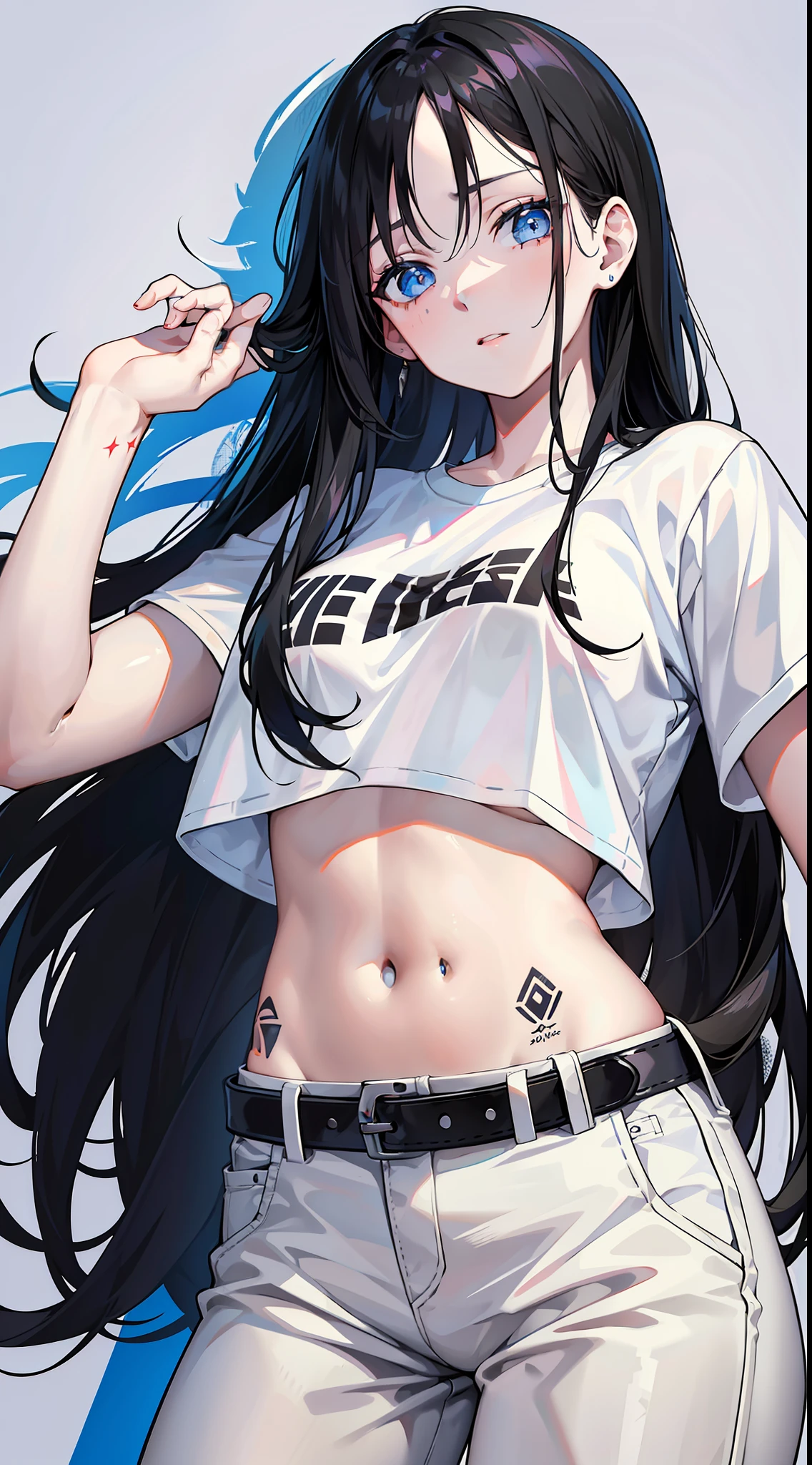 Young girl, long black hair, blue eyes, tattoo on face, white T-shirt, pants, masterpiece, high quality
