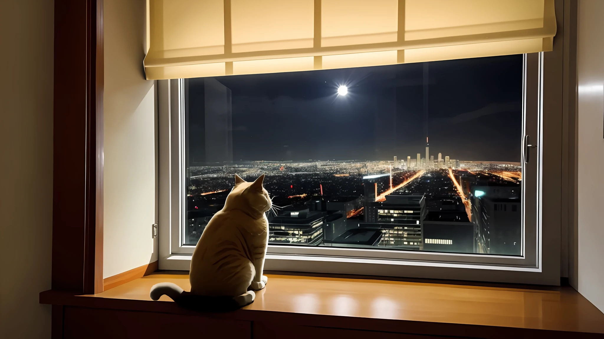 A slightly chubby cute fluffy light orange cat, sitting on the windowsill, sad mood, the room is very luxurious, the room is very dim, the cat looks at the night view outside the large glass window, night shot, outside the window is the city building, it is very dark, cool time. Good view, Leica 8K stills from A24 film, looking out, movie shooting, looking at the city, movie view!!