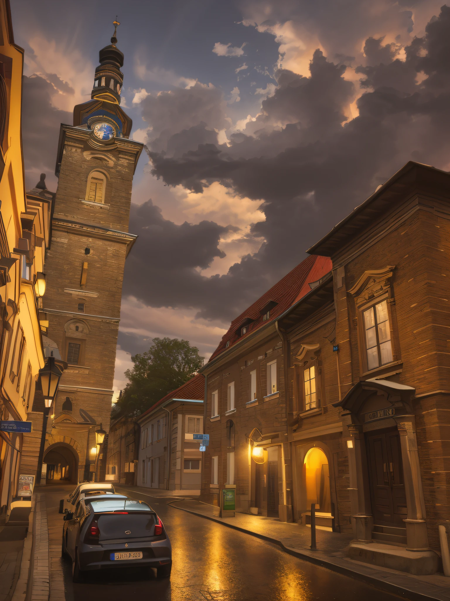 there is a car parked on the side of the road in front of a building, old town, view from the street, old city, in city street, view from the streets, street scene with water tower, old buildings, streetscape, church in the background, baroque winding cobbled streets, Klatovy, street view, high contrast, night rainy atmosphere