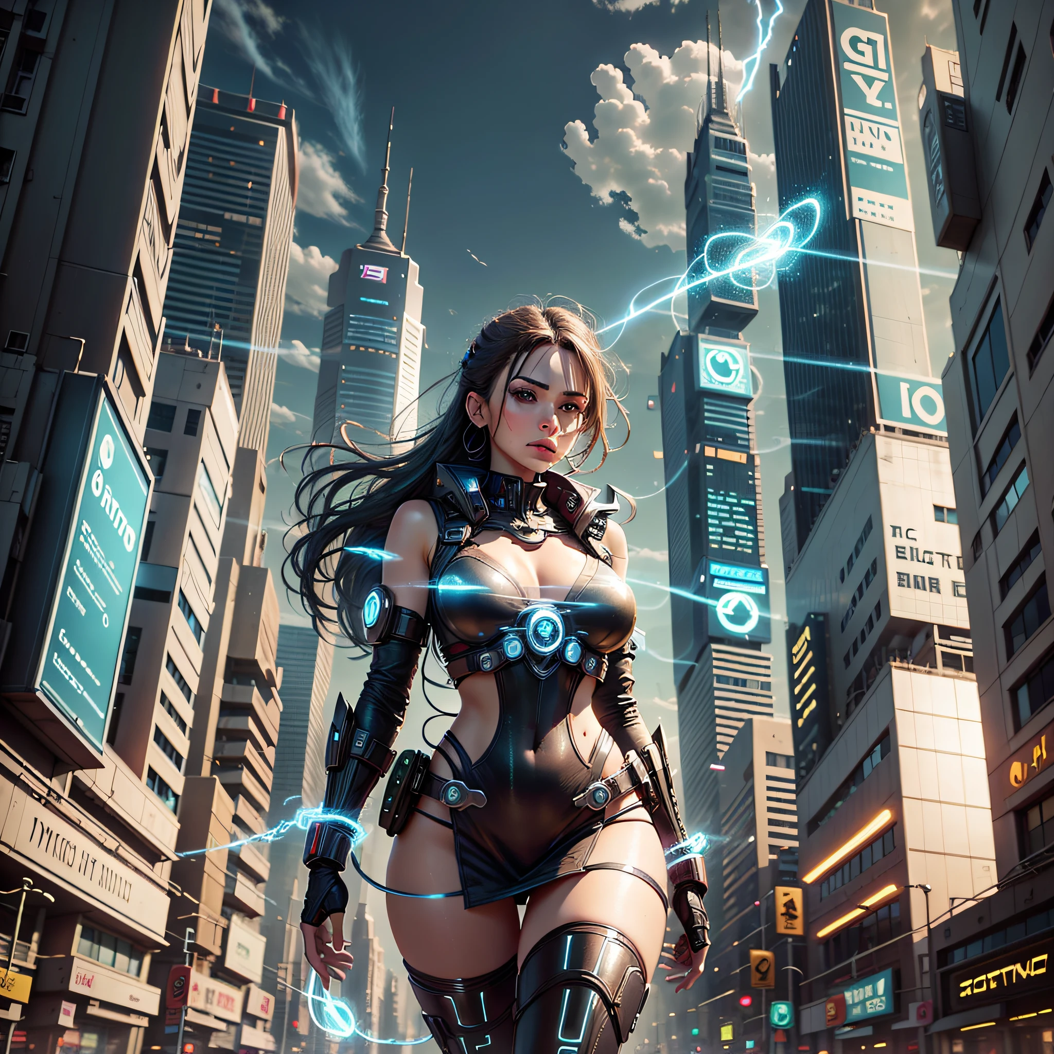 Young woman, with electric powers, in a busy city --auto --s2