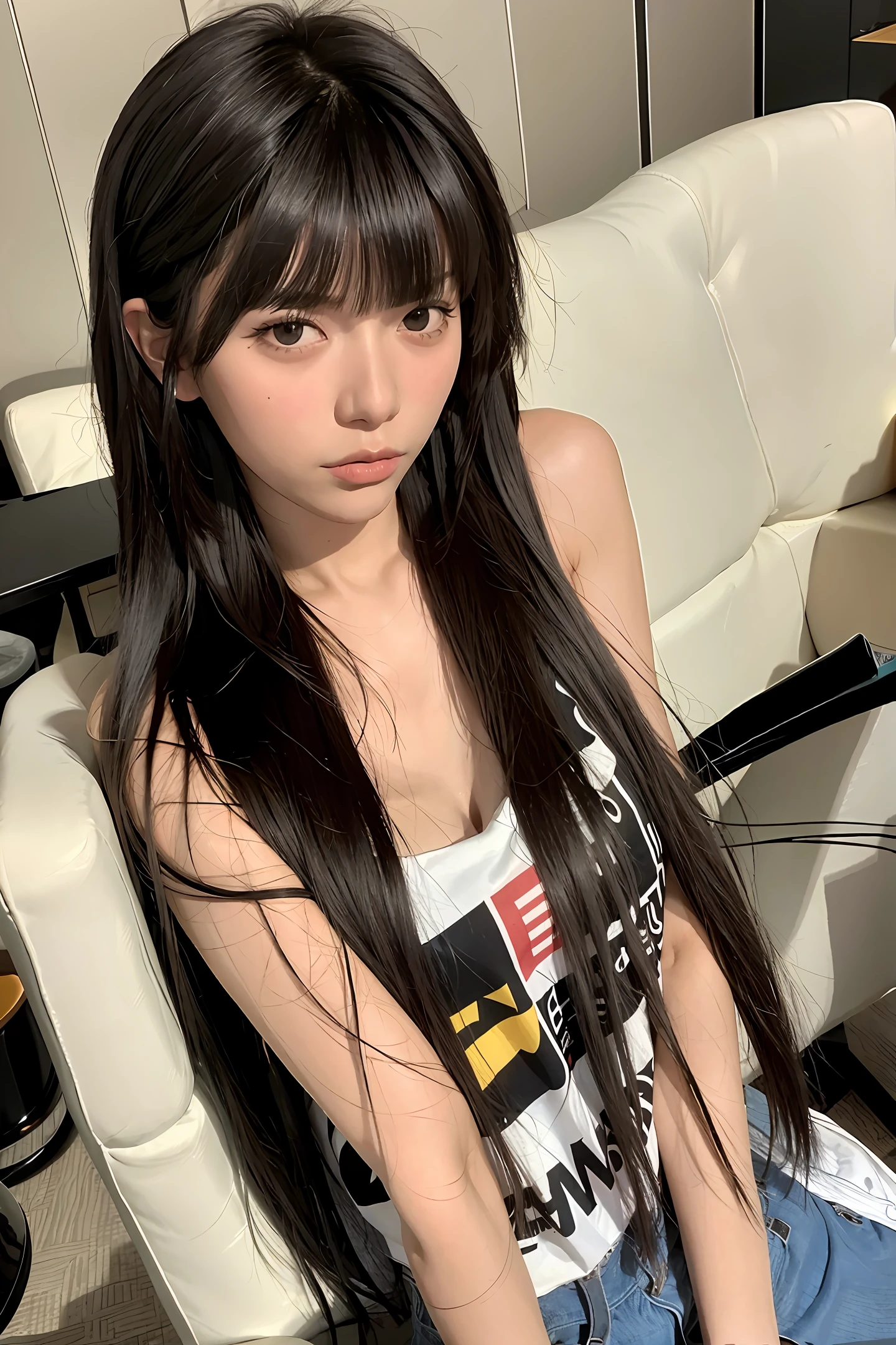black hair, long, with bangs,