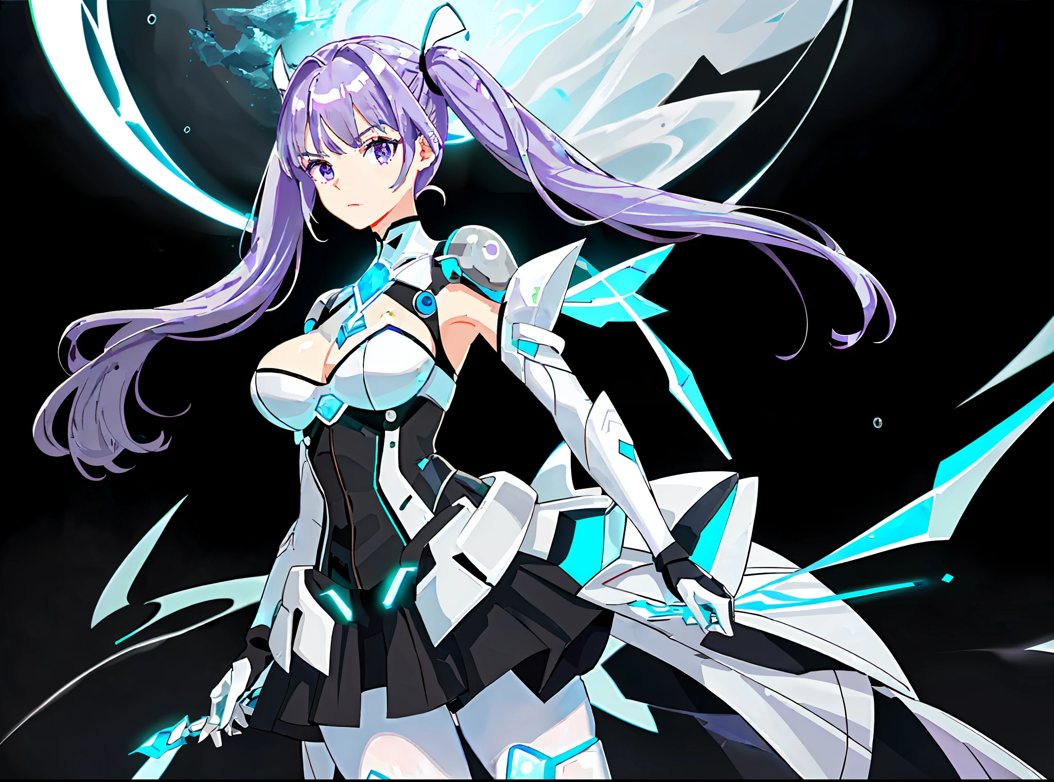 ({best quality}, {{masterpiece}},, {highres}),(solo,1female),19 years old,well_developed curves,curvaceous_body,heroine,hourglass_figure,perspective,beautiful_face,diamond_shaped_face,mature_face,,streamline_outfits,smooth_face,high_quality_outfits,futuristic_outfits,silght_blush,full_body
Full detailed face,(vivid,detailed violet hair,waist-length (flowy long high-position twintails),base tied with white headdress,glowing hair tips,flowy,detailed,purple bangs)((((purple_hair_color)))),(two strands of glowing violet hair framing face)
(two pairs of white blade-shaped electronic headdress, attached to each side of forehead,futuristic,symmeric,pointing backwards,edged),white circlet around forehead,((golden iris,white cross-shaped pupil,full detail eyes,vigilant gaze,sharp eyes,aqua eyeshadow,)),aqua hexagon shaped locket on breast,(aqua one-piece goggle glasses)
((Black and white electronic battlesuit,cling to body curves,detailed,futuristic)),(black long gloves,detailed hands),(white tippets),(white protective shoulderguards on both shoulders,streamlined,aqua trim),black long sleeves,white elastic tanktop around ample breasts,white armored arm bracers,(pitch black armored corsets around waist,fit to body curves,aqua widgets,one aqua stripe beneath breast,black zipper,aqua sidelines),white elbow pads,(white electronic pantyhose,aqua trimmings,segmented,soild),(two white holsters on each side of hips,detailed),(white mechanic waistbands,silver buckle),(white mechatronic tassets,minor aqua sidelines,soild,triangle,covering waist),(white thick pantyhose,aqua hexagon patterns along left thigh,white gadget holsters on left thighs),(white armor protective kneepad around both knees),(white armored knee-length jackboots,heeled)
Stormy weather,stormy background,thick grey cloud in background,raindrop on face,detailed backgrounds,detailed backgrounds,standing straight,floating in air,both arms relaxed,vigilant,vivid facial expressions