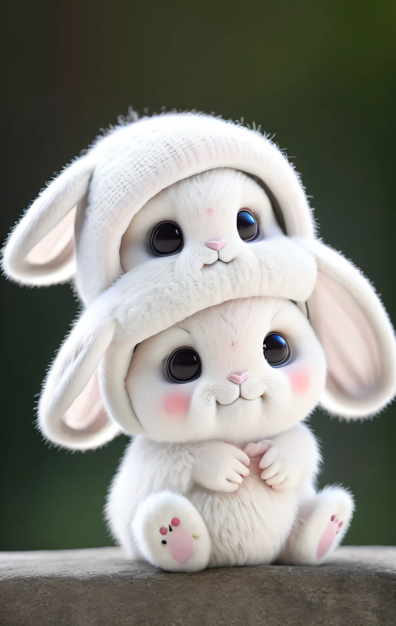 : 3. bunny, realistic, furry animal, apple, black eye, blush, cherry, food, fruit, full body, hat, non-human, strawberry, tomato, watermelon