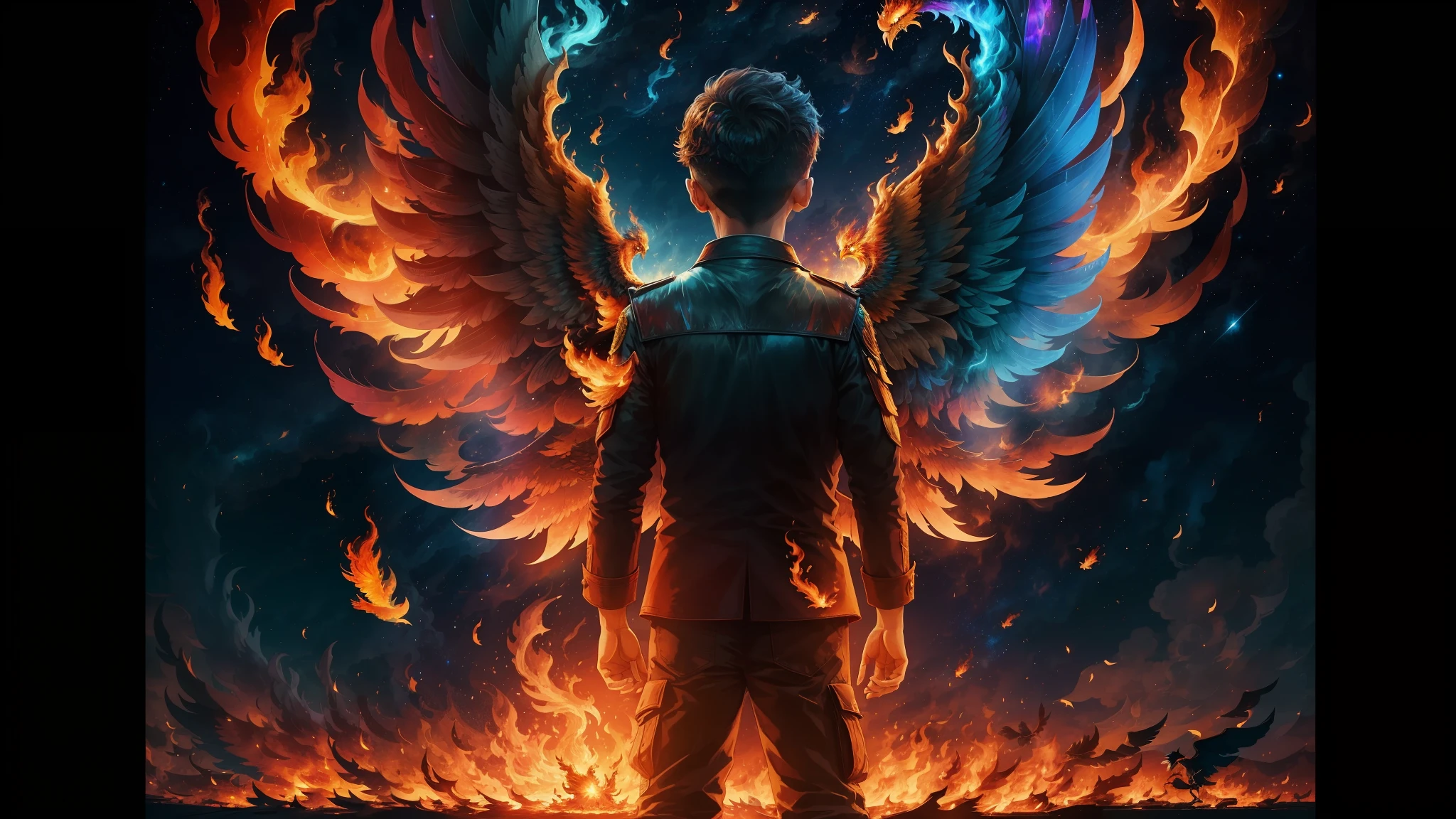 A boy standing with his back turned to the sky, amazed and happy seeing the phoenix engulfed in flames taking flight, at night, sparks, contrasting color, stars, fire, contrasting, iridescent and enchanting lighting, textures, intricate details --auto --s2