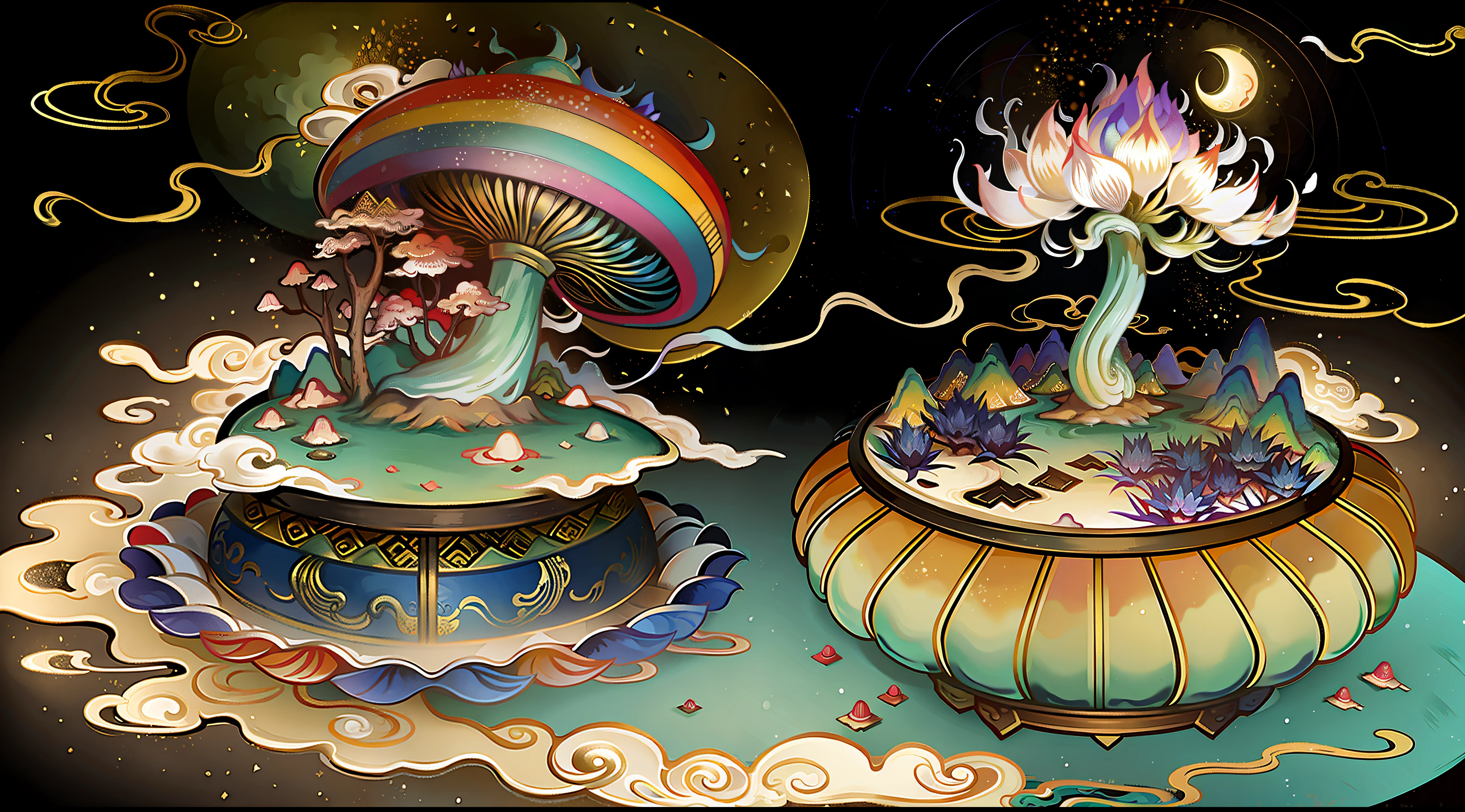 An ancient Chinese painting, ancient Chinese background, mountains, rivers, auspicious clouds, pavilions, sunshine,(psychedelic details),(mushrooms),(rainbow),(trippy),(DMT),(bodhisattva),intricate details, more details, high details,masterpieces, super detail, epic composition, ultra HD, high quality, extremely detailed, official art, unified 8k wallpaper, Super detail, 32k -- v 6