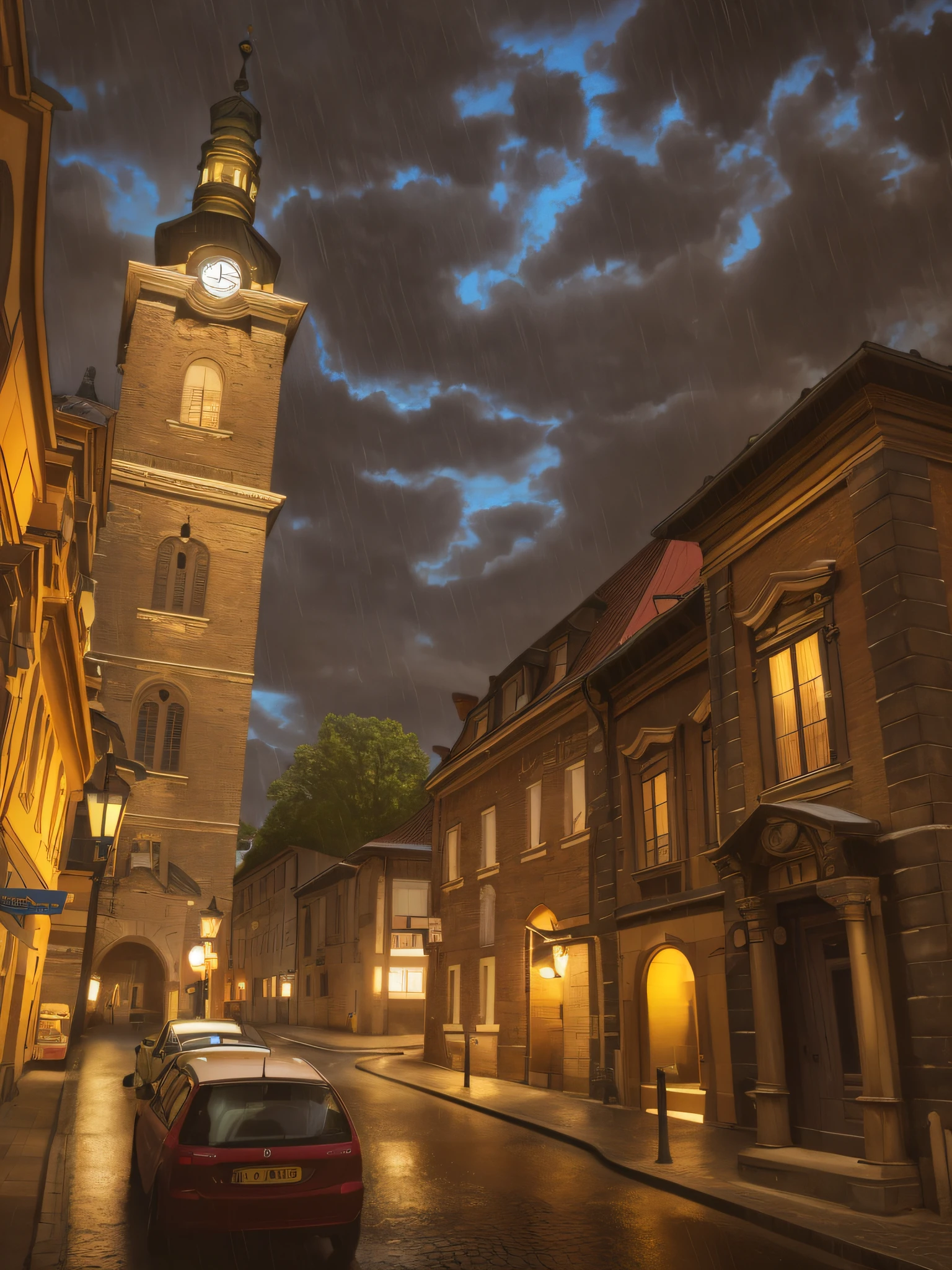 there is a car parked on the side of the road in front of a building, old town, view from the street, old city, in city street, view from the streets, street scene with water tower, old buildings, streetscape, church in the background, baroque winding cobbled streets, Klatovy, street view, high contrast, night rainy atmosphere