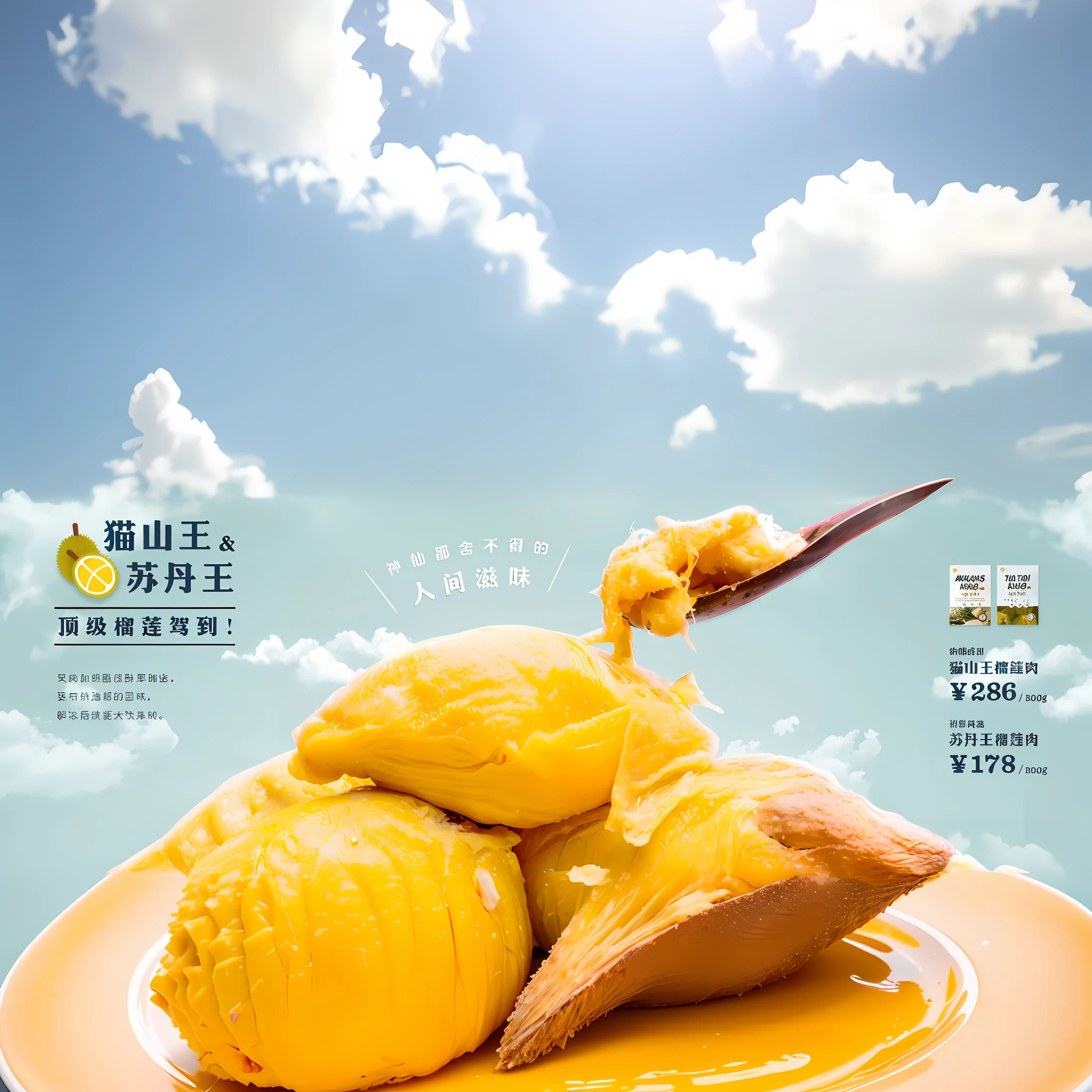 Above is the sky heightened, and below is the durian meat on a plate to complete