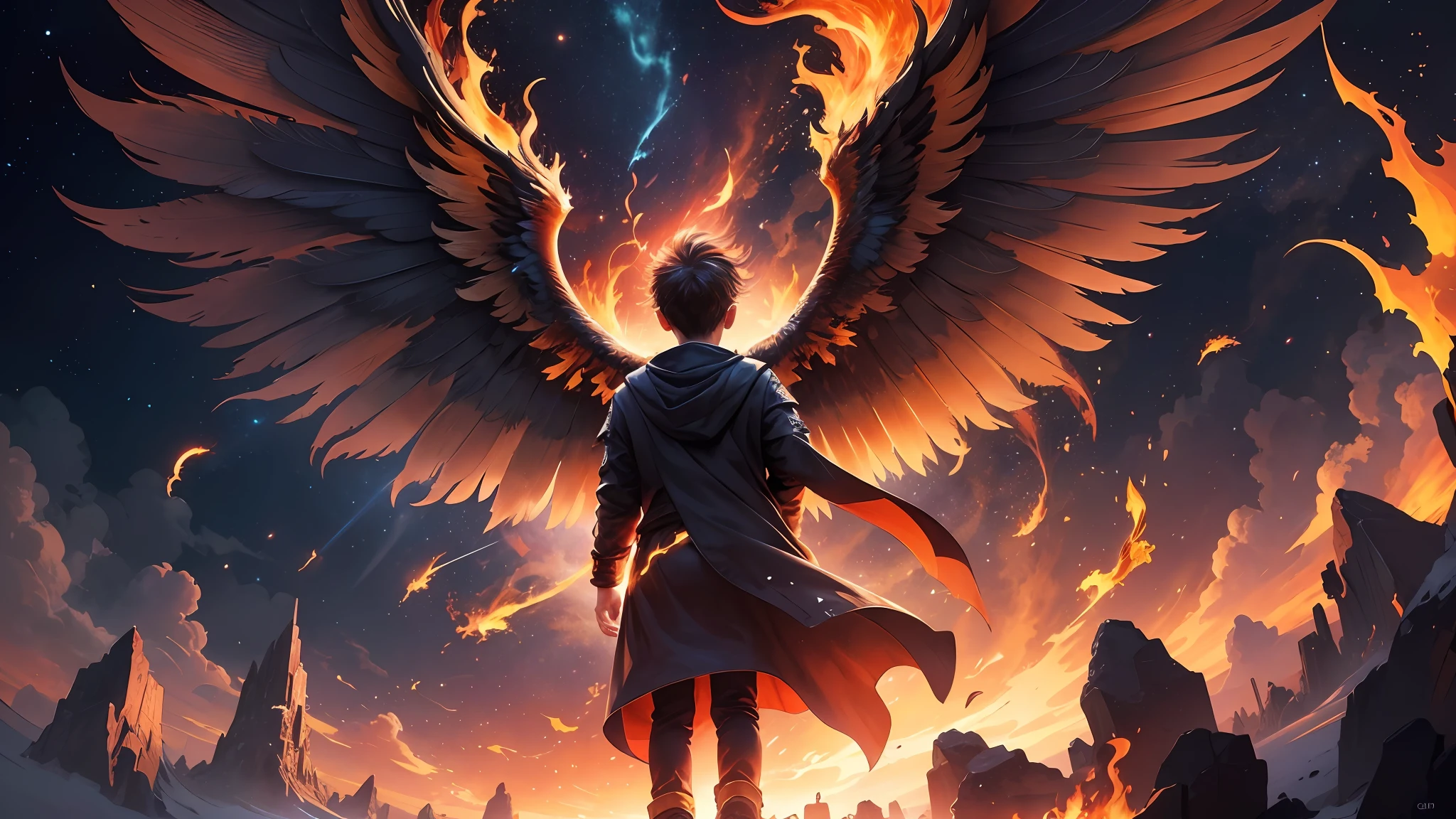 A child standing with his back turned to the sky, amazed and happy seeing the phoenix wrapped in flames soaring in the air, at night, sparks, contrasting color, stars, fire, contrasting colors, fire lighting, textures, details intricate --auto --s2