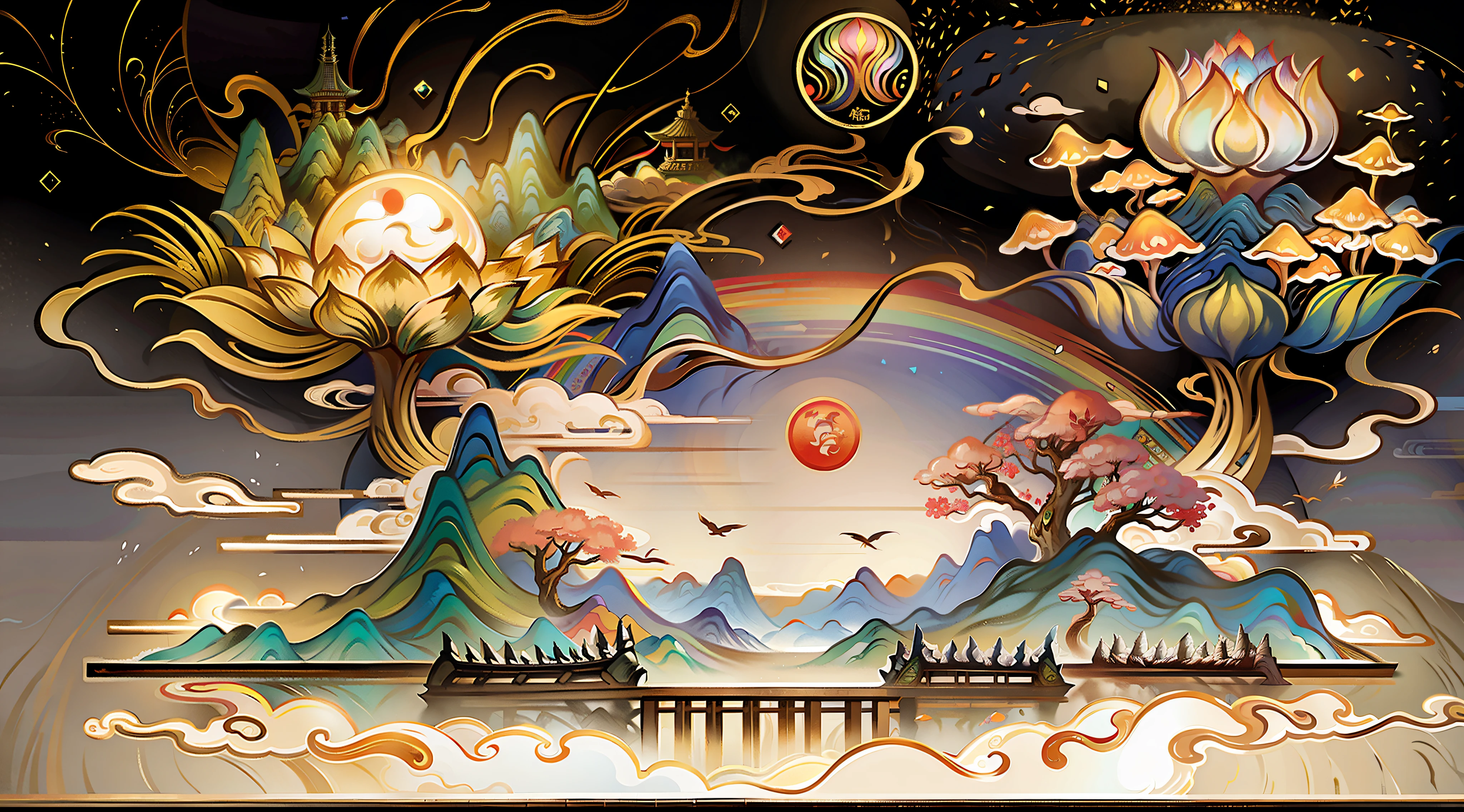 An ancient Chinese painting, ancient Chinese background, mountains, rivers, auspicious clouds, pavilions, sunshine,(psychedelic details),(mushrooms),(rainbow),(trippy),(DMT),(Buddha),intricate details, more details, high details,masterpieces, super detail, epic composition, ultra HD, high quality, extremely detailed, official art, unified 8k wallpaper, Super detail, 32k -- v 6