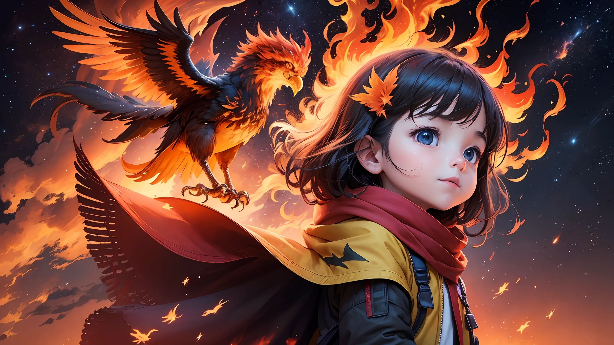 A child looks at the sky amazed and happy. A phoenix engulfed in flames flies overhead, at night, sparks, contrasting color, stars, fire, contrasting colors, fire lighting, textures, details intricate --auto --s2