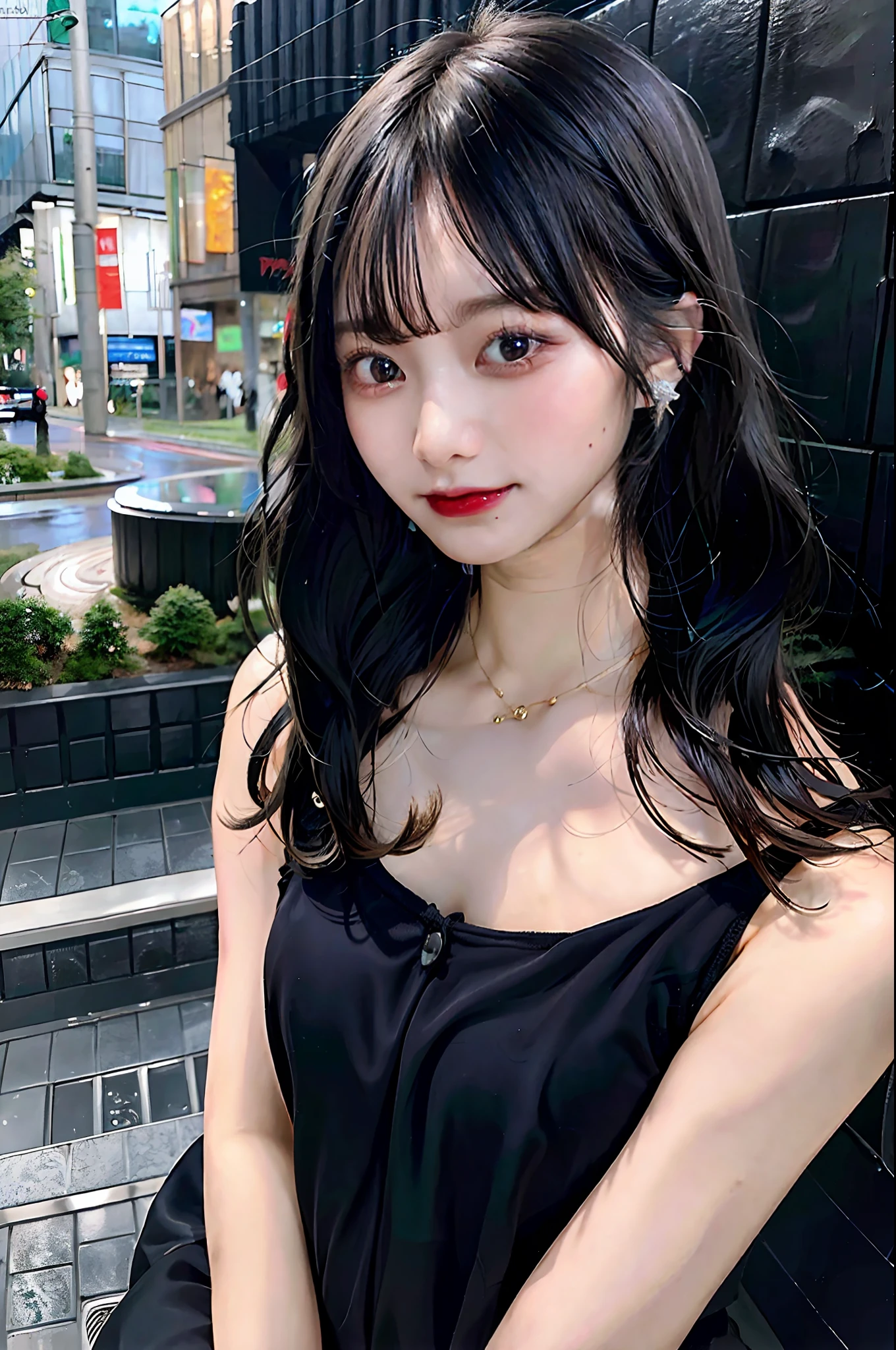 Black Hair Bob, (RAW Photo, Photorealism), (Very dark lip gloss, pitch black lipstick, so many eyelashes, pitch black eyeshadow, watery eyes, crying, angry, high quality, high resolution, depth of field, chromatic aberration, natural color, caustics, midnight, dark, Japan, female,), necklace, single woman, choker, earrings, bracelet, Soft big, good style, slender figure, the tip of the is clearly visible, the whole body, raw legs, see-through bra, the body line is very sexy, the crotch is wide open, the are sticking out, the tip of the is clearly visible, the areola is visible, the pubic area is clearly visible, Crotch wide open, smallest protrusion, pen in valley, Japan Tokyo Tower reflected in the background