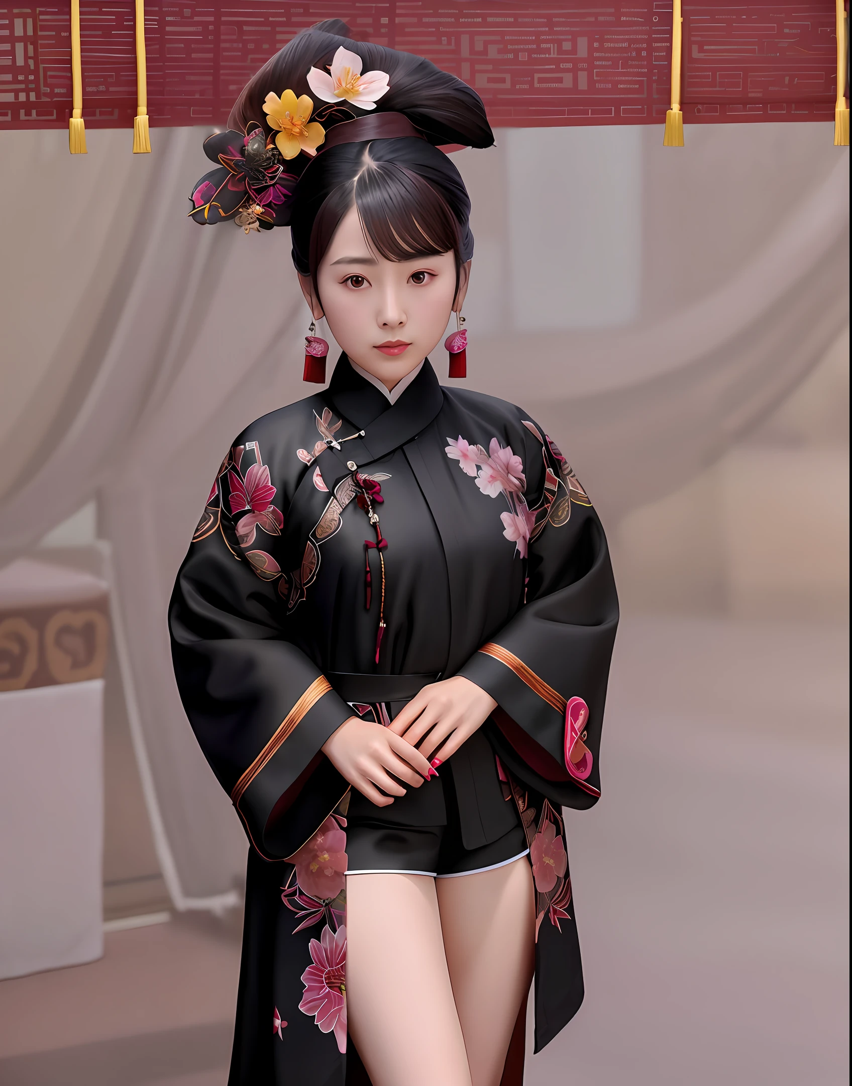 Man Girl, reddish-brown gradient double ponytail, wearing a Chinese dress with a pattern and a long back hem patterned with flowers and lilies. Wearing a Qiankun Taigua hat, with a black bow behind the hat, the material of the hat is hard, the front is decorated with the emblem of the Past Life Hall, the plum blossoms on the side of the hat, plum blossom pupils, black nail polish painted on slender fingers, black robe and waist, wearing shorts and socks and black shoes, red knots tied on the legs, and the eye of God is behind the back
