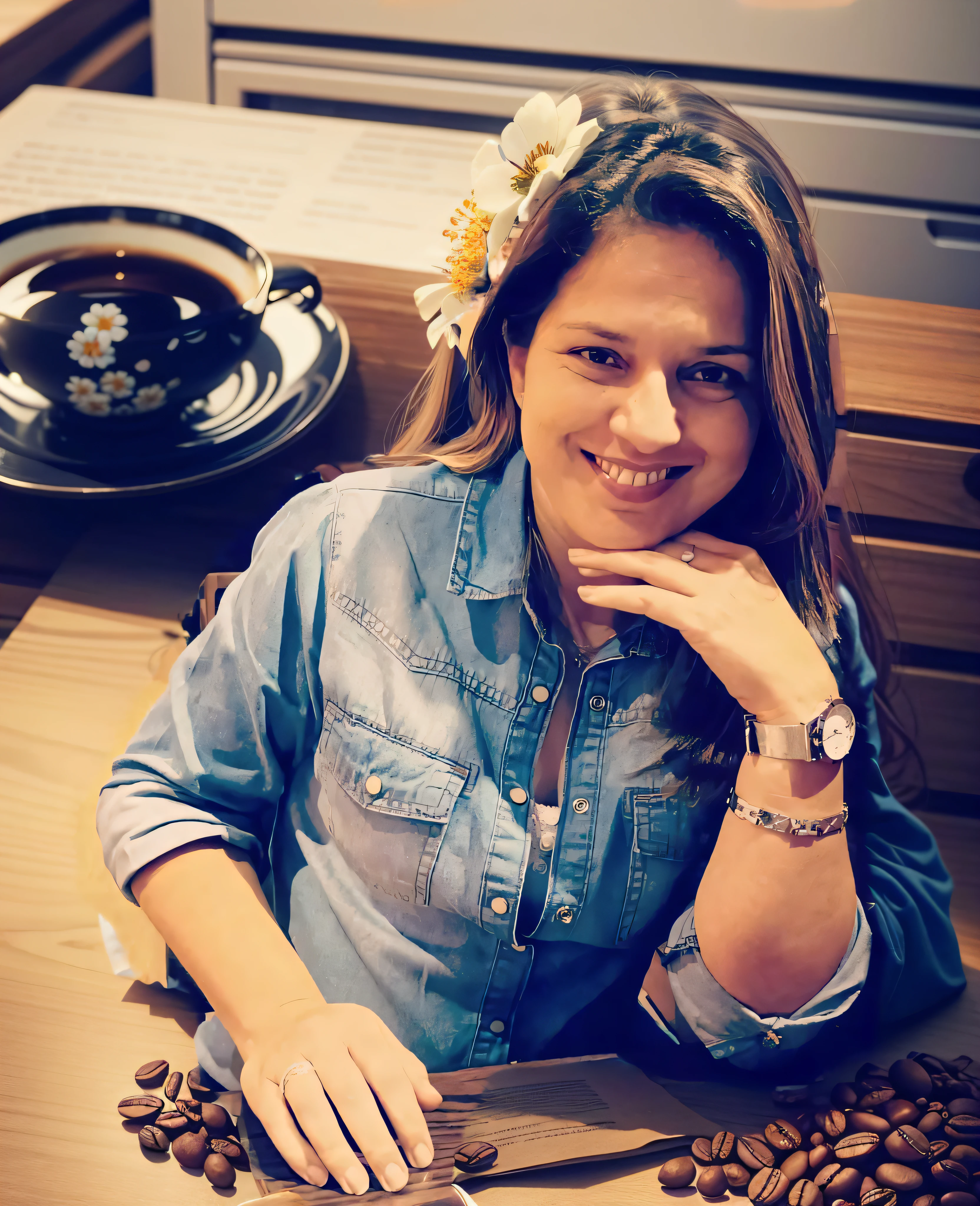 improve the quality of the professional-style photo leave the background clear with wallpaper-like coffee beans and a flowered colonial coffee cup in your hands --auto --s2