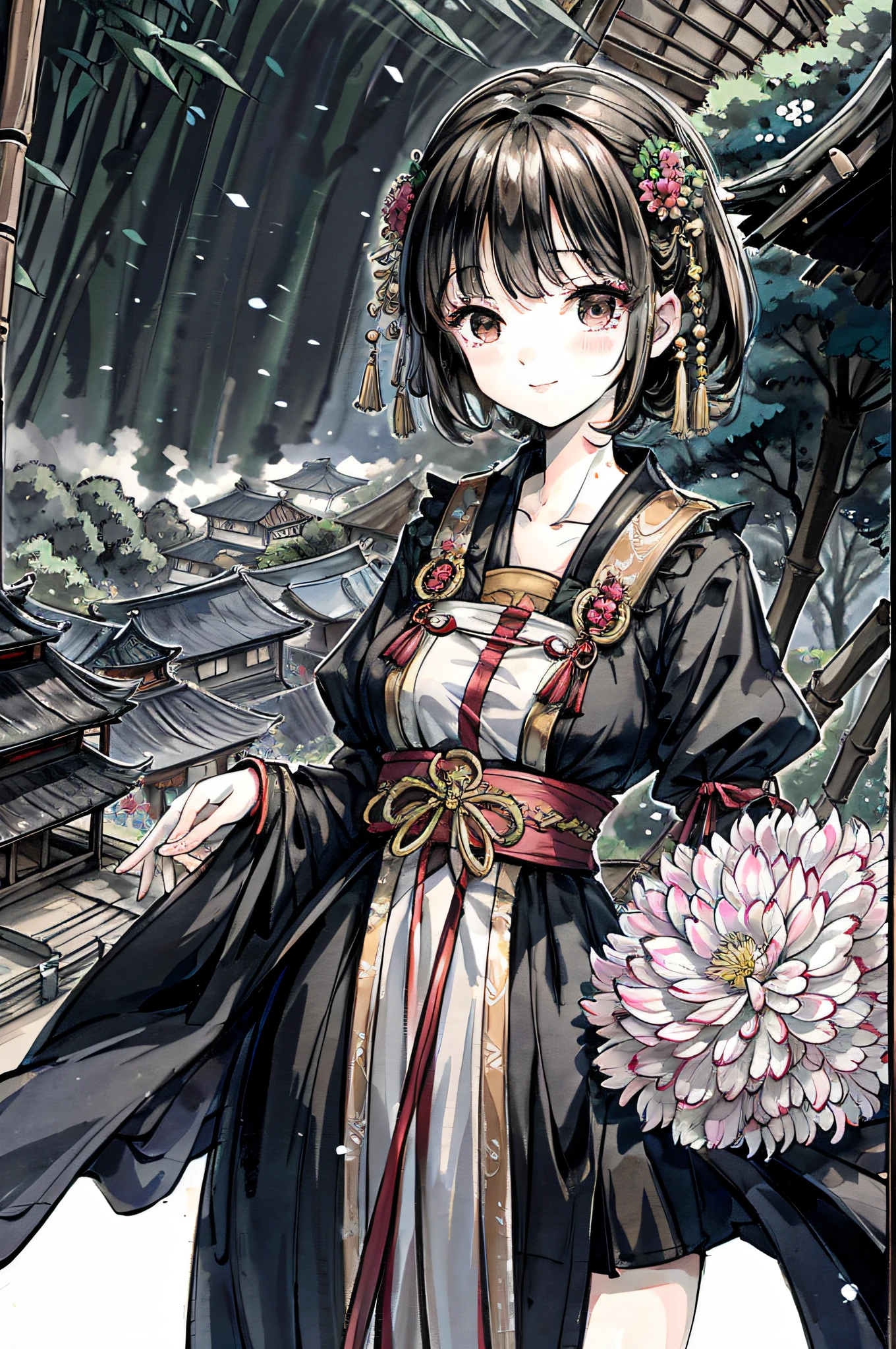(masterpiece), best quality, good anatomy, shuimobysim, (1 girl: 1), (upper body), (smile), short hair, (hanfu), (ecchi0.5), (trees: 0.5), (flowers: 0.6), (wooden house: 0.2), (bamboo forest: 0.2), (stream: 0.2), (river: 0.2), plump breasts, tall figure,