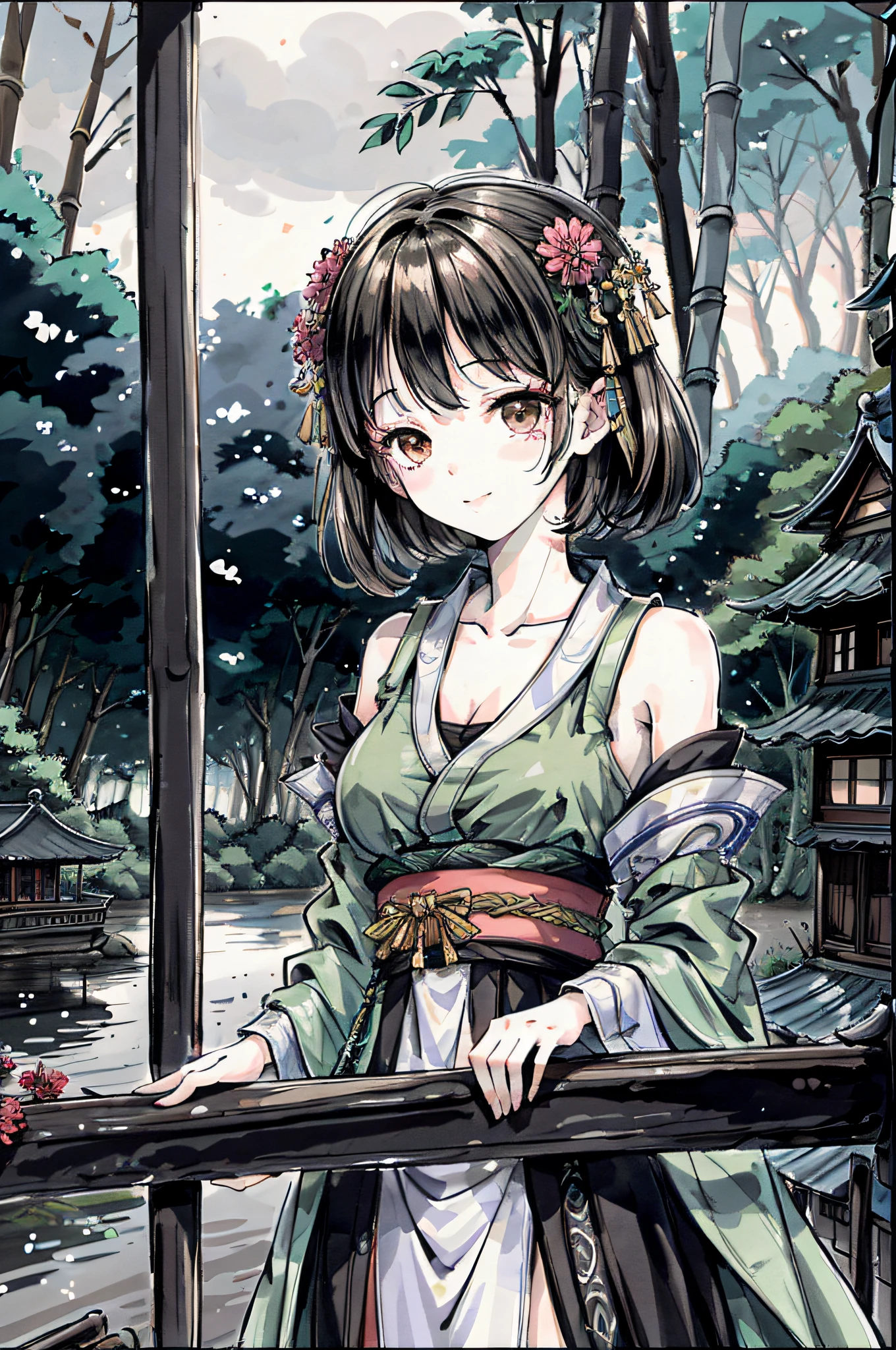 (masterpiece), best quality, good anatomy, shuimobysim, (1 girl: 1), (upper body), (smile), short hair, (hanfu), (ecchi0.5), (trees: 0.5), (flowers: 0.6), (wooden house: 0.2), (bamboo forest: 0.2), (stream: 0.2), (river: 0.2), plump breasts, tall figure,