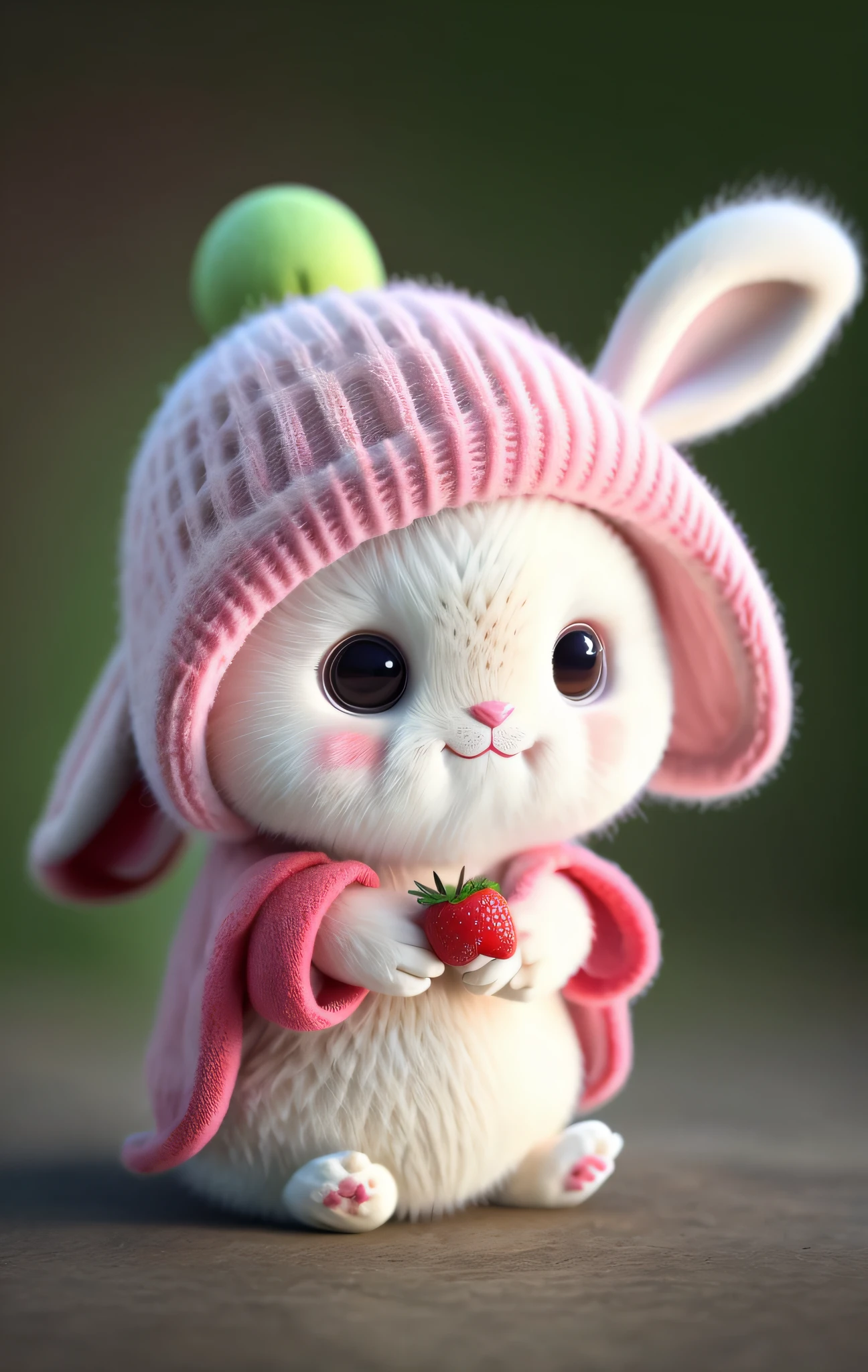 : 3. bunny, realistic, furry animal, apple, black eye, blush, cherry, food, fruit, full body, hat, non-human, strawberry, tomato, watermelon