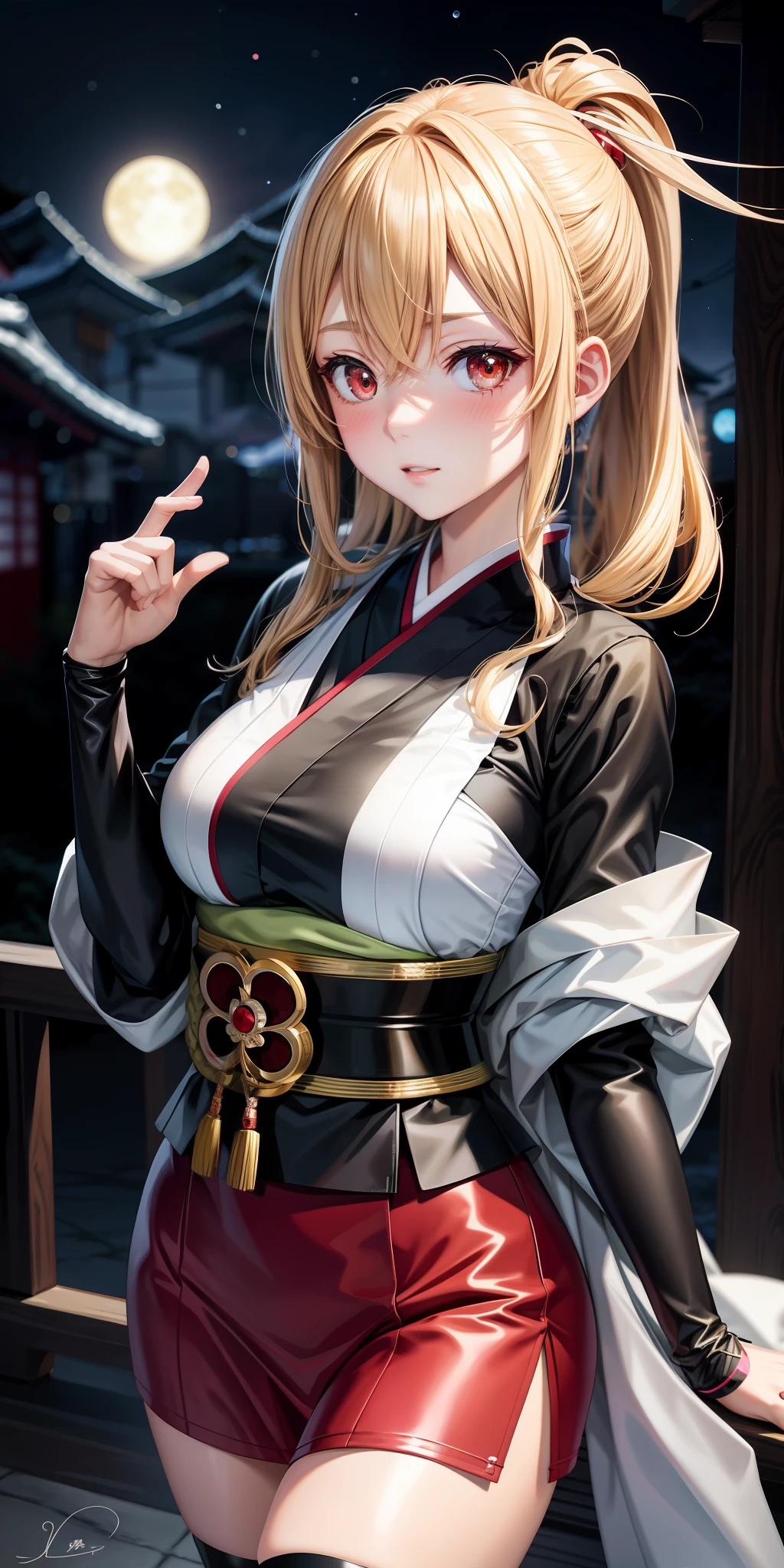 anime, girl 1 person, blonde, red eyes, kamimetsu, blush, kyoto, moon, ninja