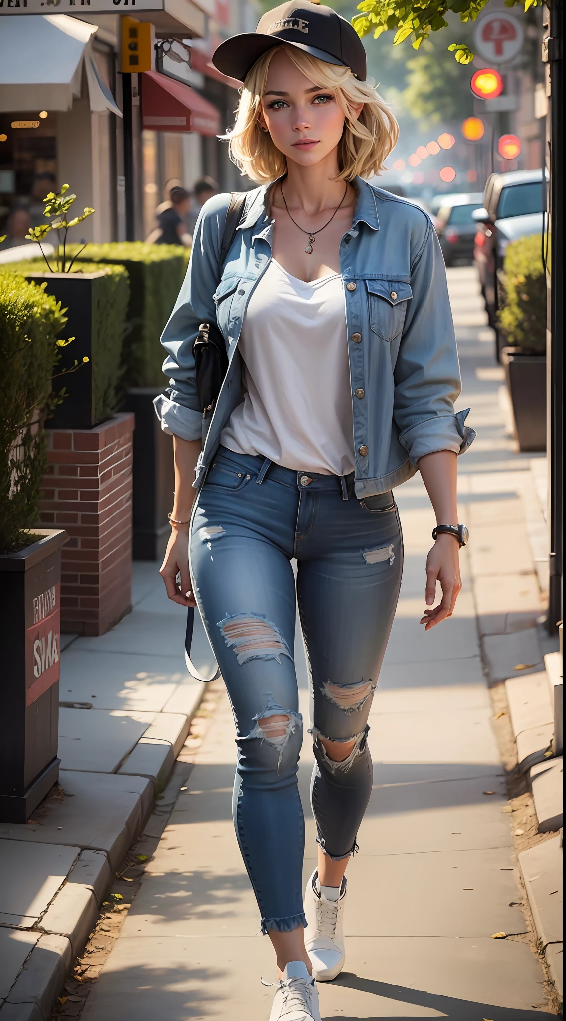 American actor, Jenny Lawrence, walking towards you, wearing jeans, youthful and beautiful, looking at you, --auto --s2