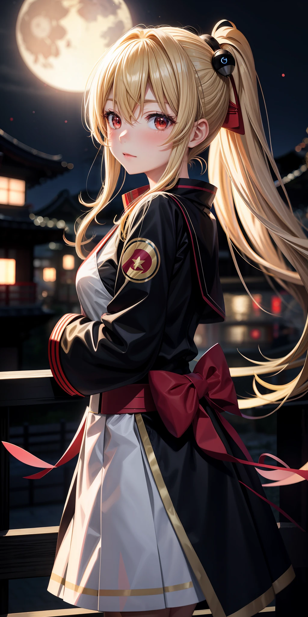 anime, girl 1 person, blonde, red eyes, kamimetsu, blush, kyoto, moon, ninja
